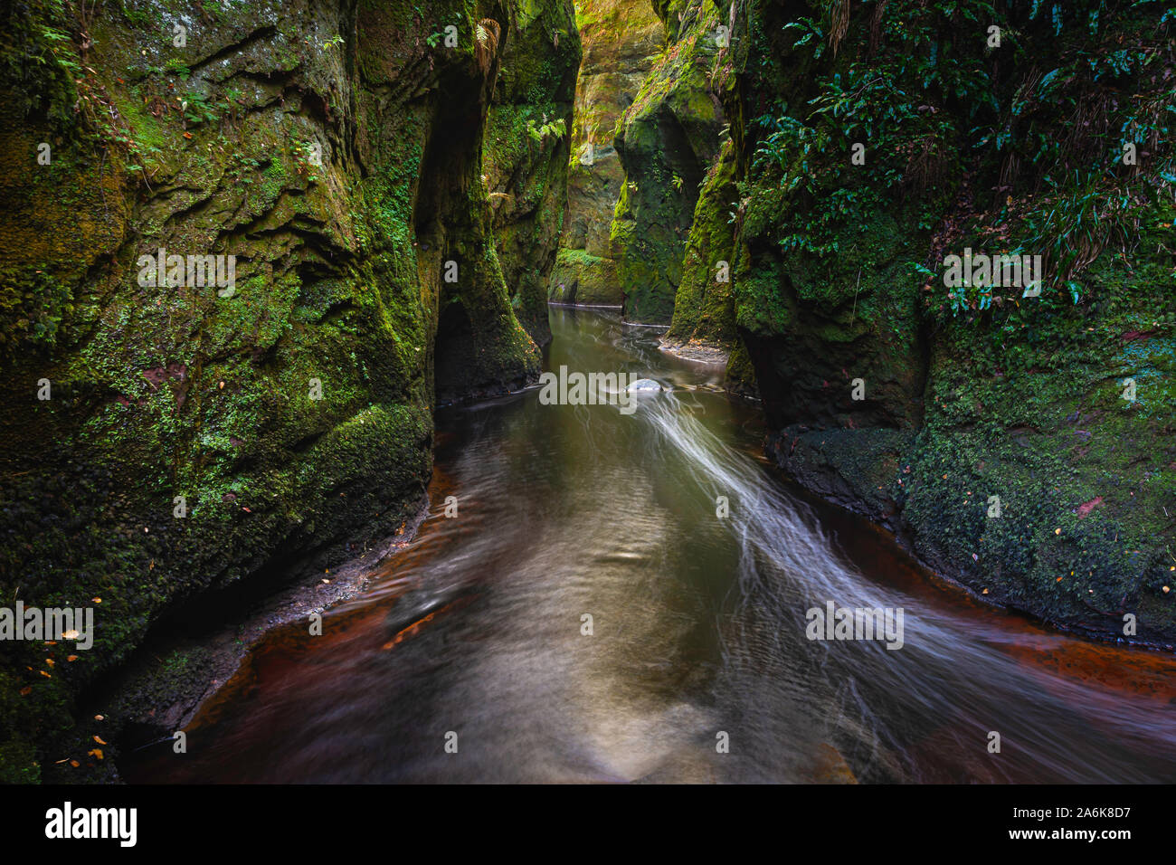 Devil's Kanzel in Finnich Glen in der Nähe von Glasgow, Schottland, Großbritannien. Schlucht im Wald mit fließendem Wasser und Felsen mit grünem Wachstum von morgen Licht beleuchtet. Stockfoto