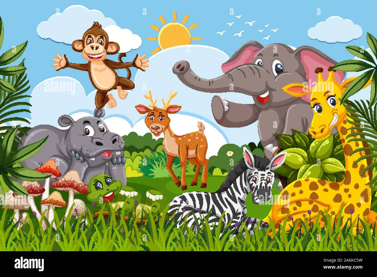 Cute Einstellen der Tiere im Dschungel. Szene Darstellung Stock Vektor