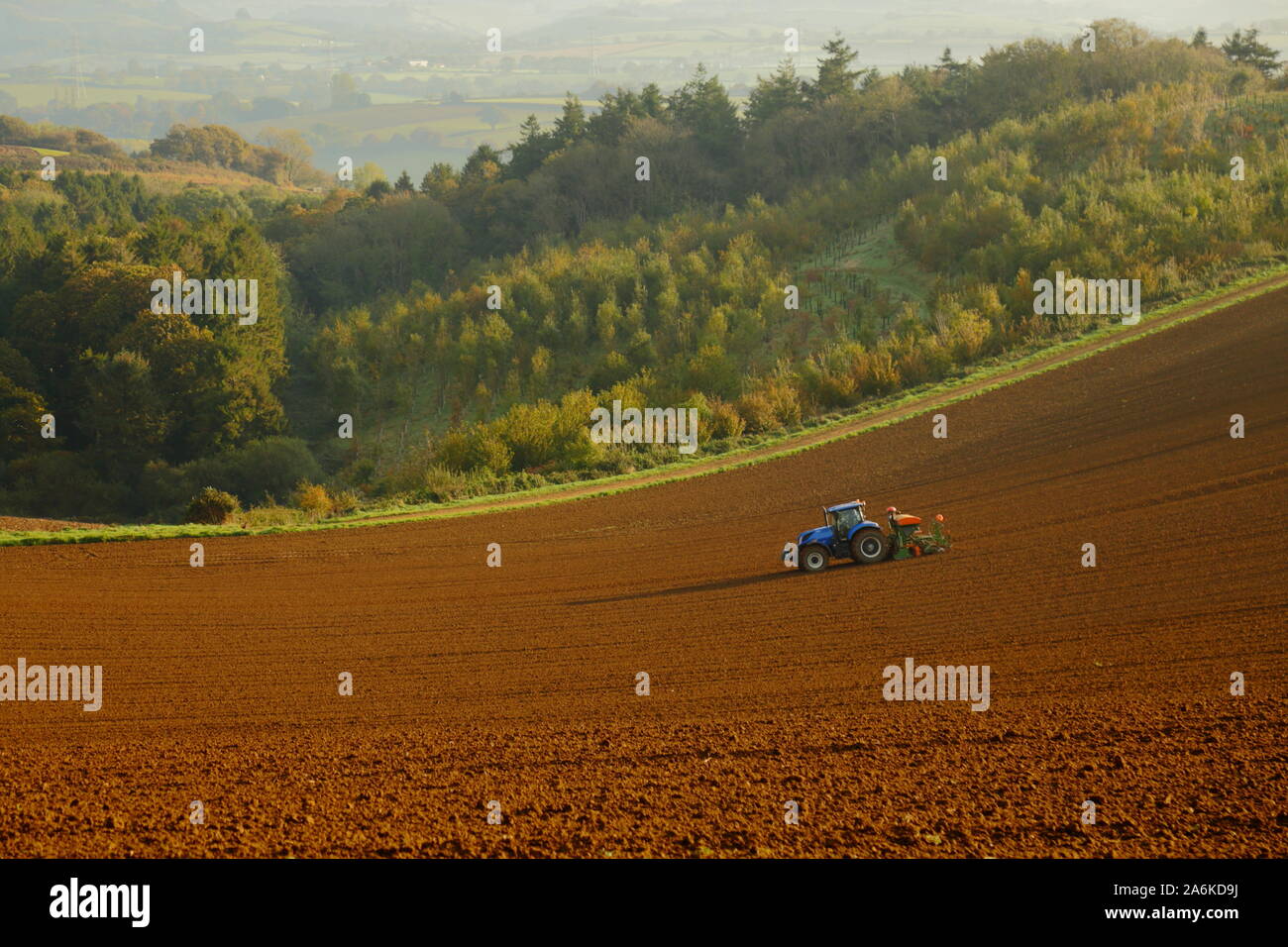 Traktor pflügen landwirtschaftlichen Feld in West Dorset Stockfoto