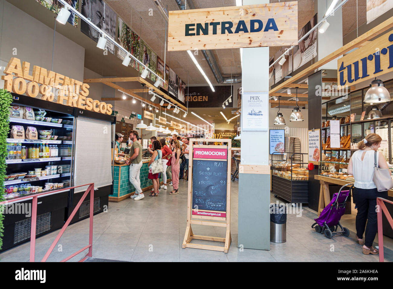 Barcelona Spanien, Katalonien Catalunya, El Poblenou, Rambla del Poblenou, Ametller Origenes, gesunde lokale Bio-Lebensmittel, Supermarkt, Vordereingang, Bäckerei, Prepaa Stockfoto