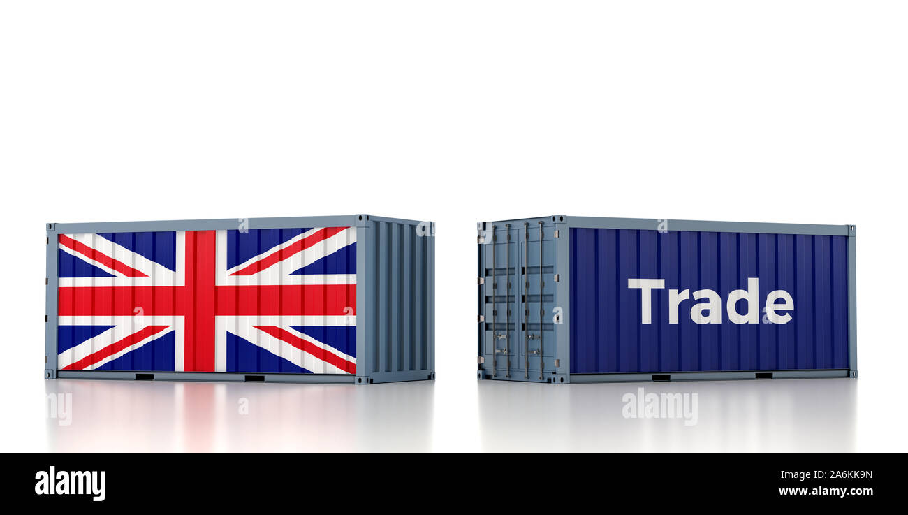 Frachtcontainer mit Großbritannien Flagge - 3D-Rendering Stockfoto
