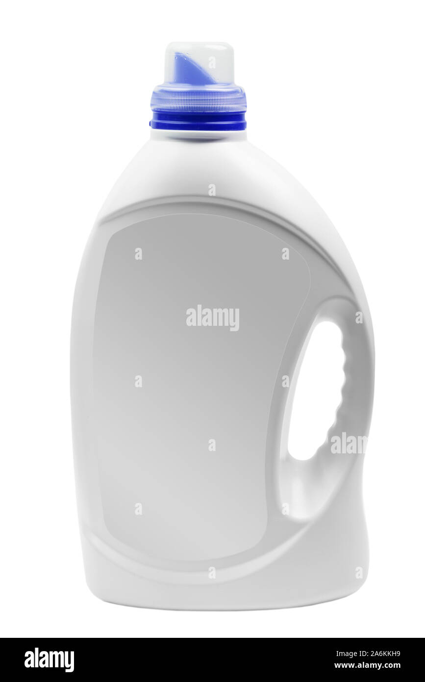 Plastikflasche mit Wasch Gel Waschmittel isoliert auf Weiss. Beschneidungspfad für Label und Flasche. Produkt Mock up Stockfoto