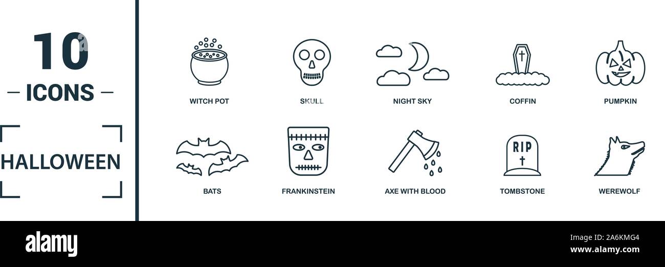 Halloween Icon Set. Gehören kreative Elemente Skelett, Sarg, Schädel, Fledermäuse und Vampire Symbole. Kann für Bericht, Präsentation, Grafik, Web Design Stock Vektor