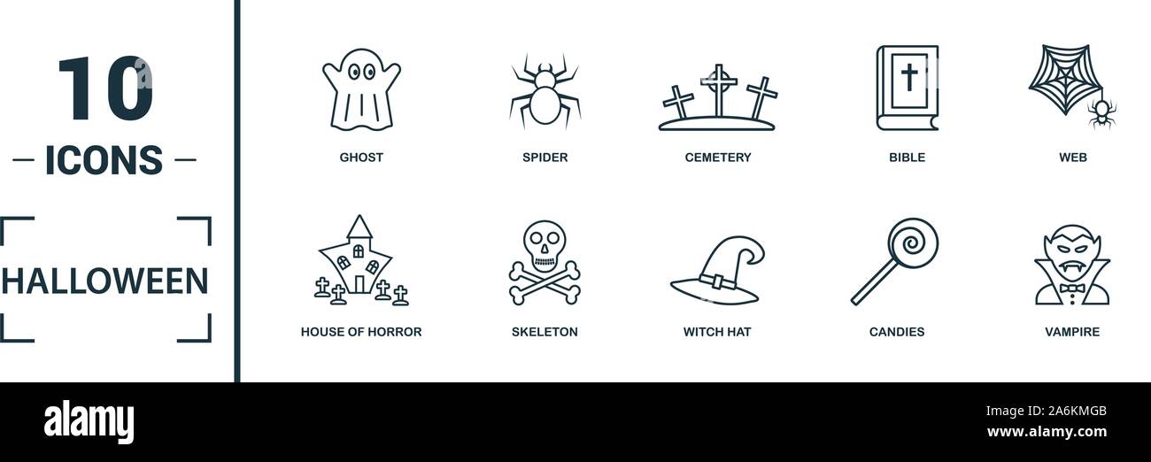 Halloween Icon Set. Gehören kreative Elemente Skelett, Sarg, Schädel, Fledermäuse und Vampire Symbole. Kann für Bericht, Präsentation, Grafik, Web Design Stock Vektor
