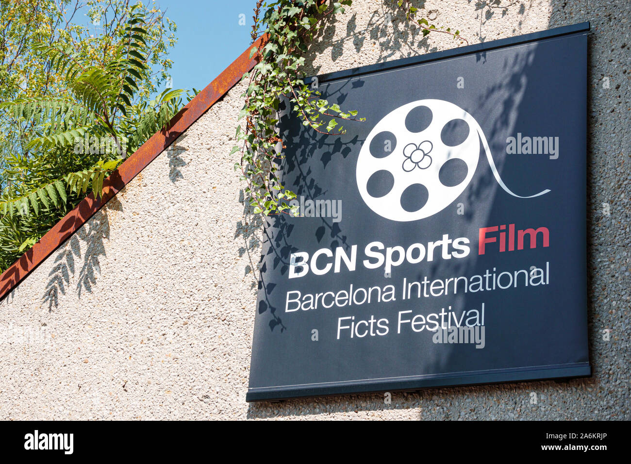 Barcelona Spanien, Katalonien Parc de Montjuic, Museu Olimpic i de l'Esport Joan Antoni Samaranch, Juan Antonio Samaranch Olympisches Sportmuseum, Außenansicht, Ban Stockfoto