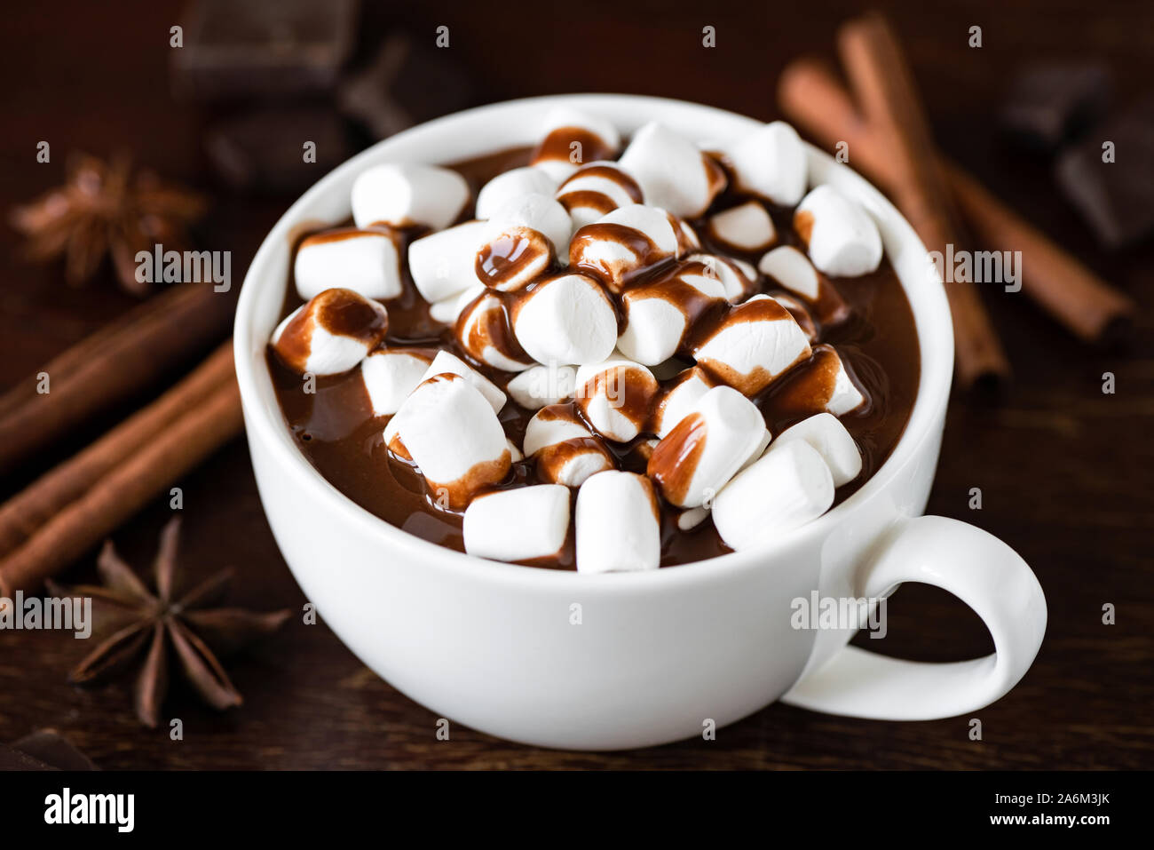 Heiße Schokolade mit Schokoladensauce und Marshmallows in weißen Schale. Detailansicht Stockfoto