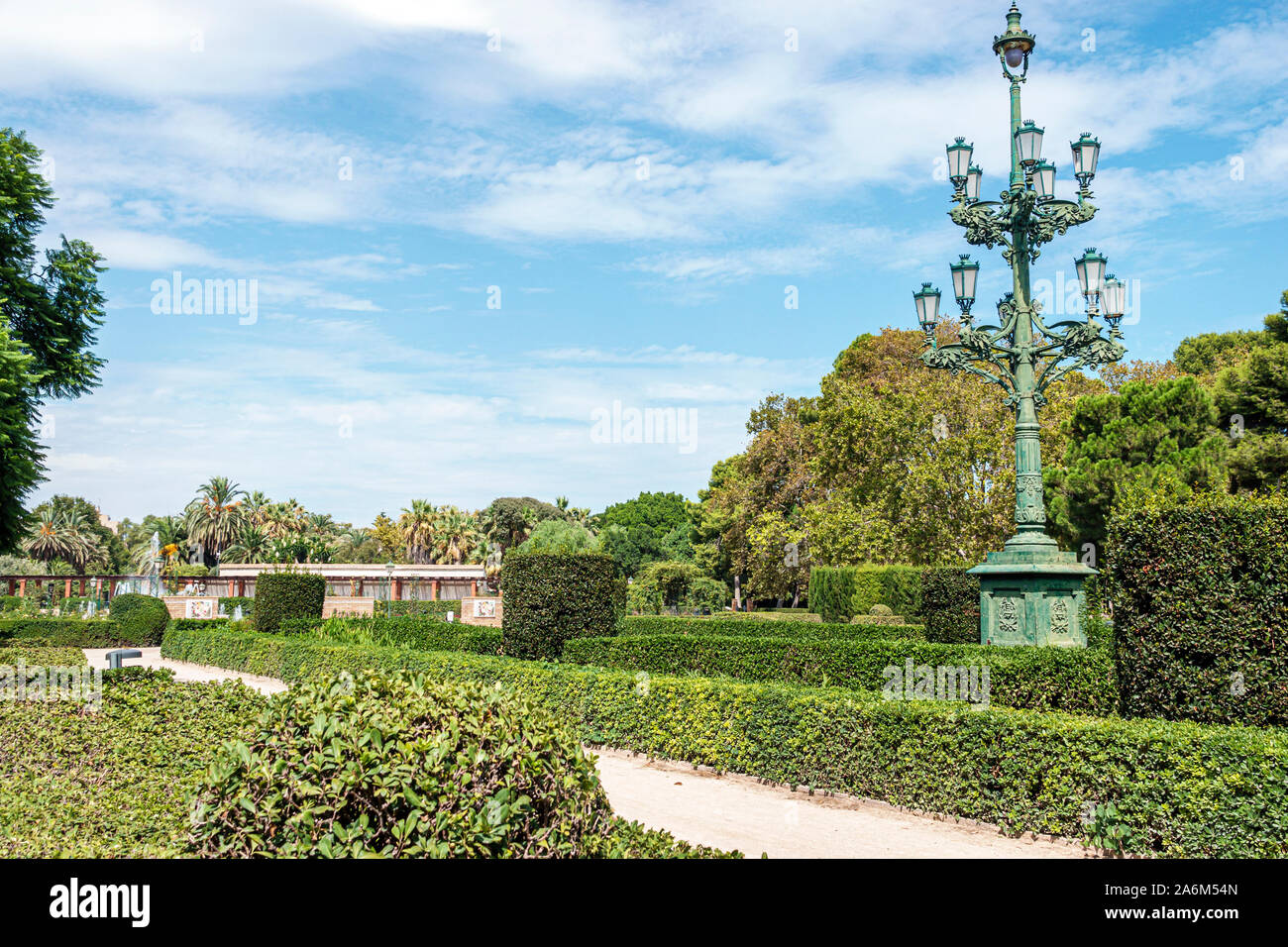 Valencia Spanien Hispanic,Trinitat,Jardines del Real,Jardins del Reial,Viveros Royal Garden,öffentlicher Stadtpark,Garten,Landschaft,Laternenpfosten,ES190829069 Stockfoto