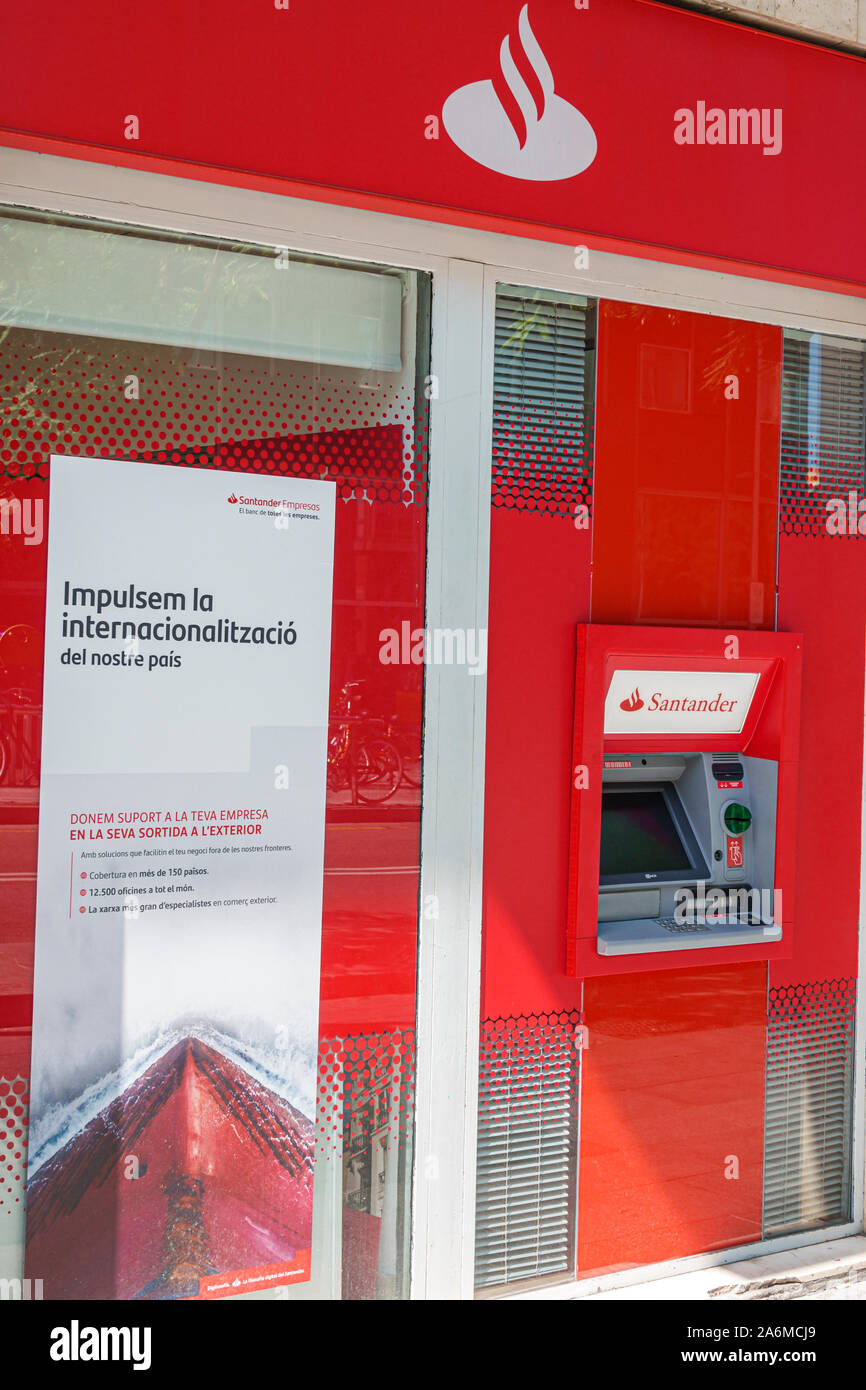 Barcelona Spanien, Katalonien Ciutat Vella, historisches Zentrum, Banco Santander, Bankgeschäft, Zweigstelle, Außenansicht, Geldautomat, automatischer Geldautomat, Poster, Marketing-campa Stockfoto