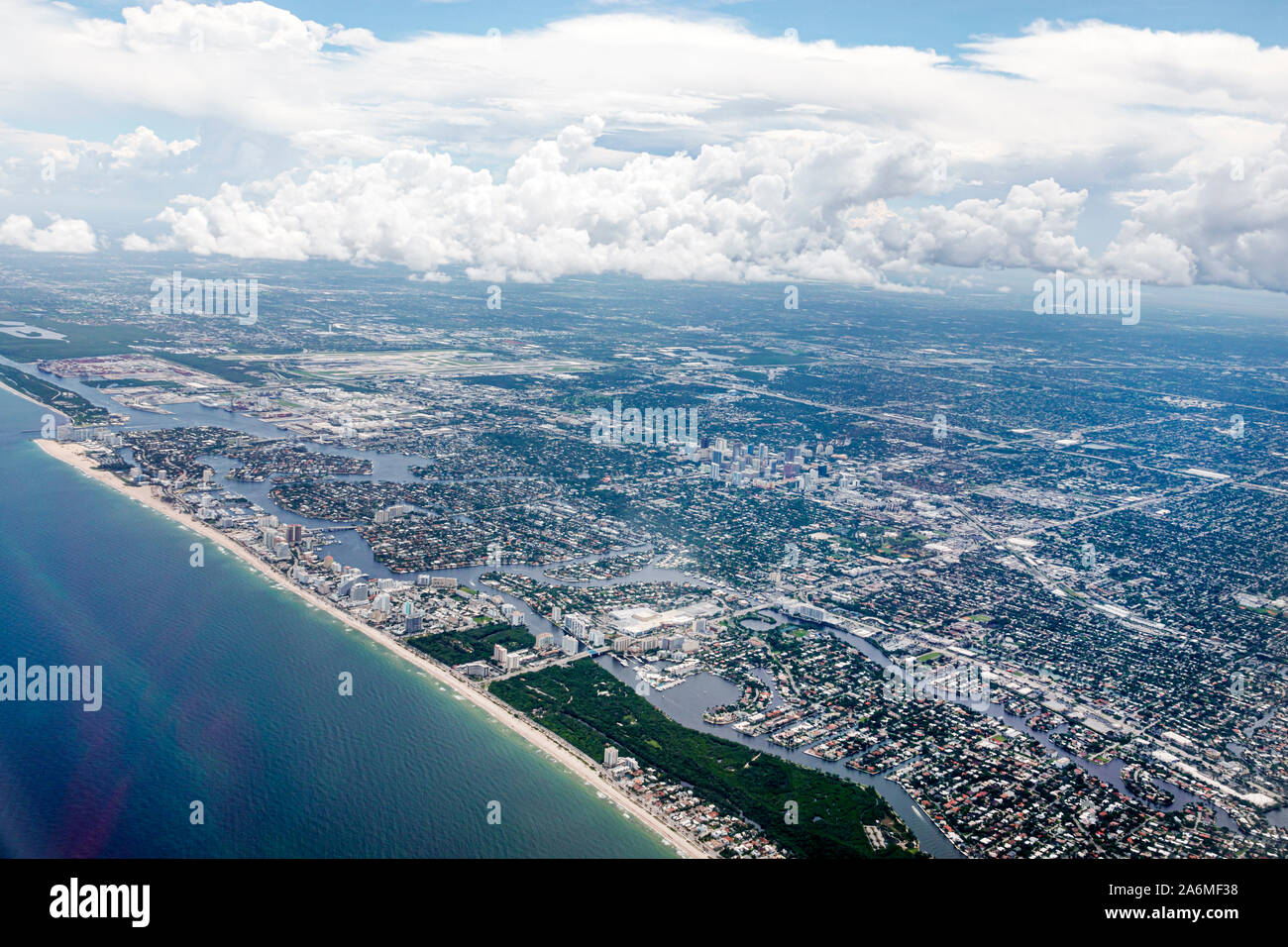 Florida, Atlantischer Ozean, Fort Ft. Lauderdale, Fensterplatz, Luftaufnahme, Fort Ft. Lauderdale Beach, Beachfront, Hugh Taylor Birch State Park, Intracoastal, Clou Stockfoto