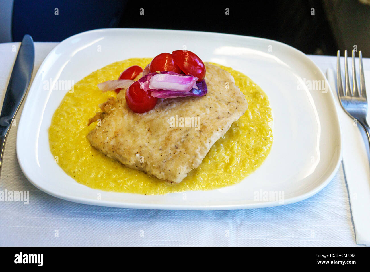 Georgia, Atlanta, Hartsfield-Jackson Atlanta International Airport, Delta Airlines, Aircraft, Inside, Business Class, Kabine, Bordmahlzeit, Lebensmittelteller der Fluggesellschaft Stockfoto