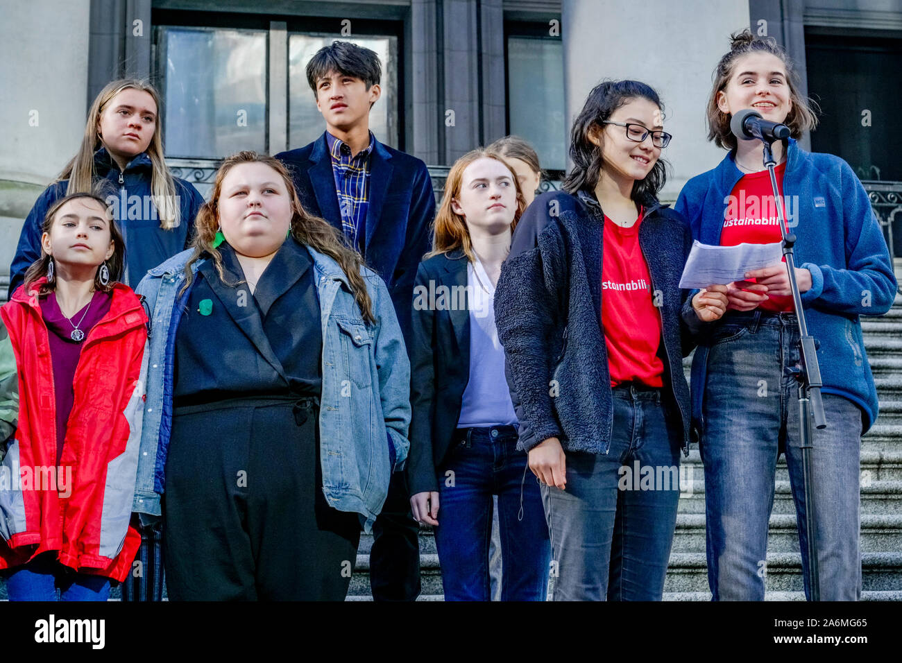 Kanadische Jugend Datei charter Klage gegen die Bundesregierung für das Beitragen zu den gefährlichen Klimawandel, Vancouver, British Columbia, Kanada Stockfoto