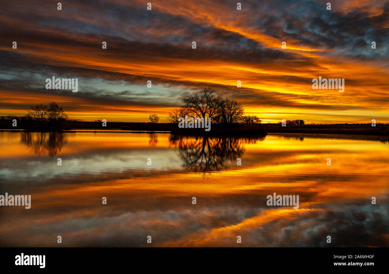 Einen herrlichen Sonnenaufgang auf dem Colorado Plains mit einer reflektierenden See Stockfoto