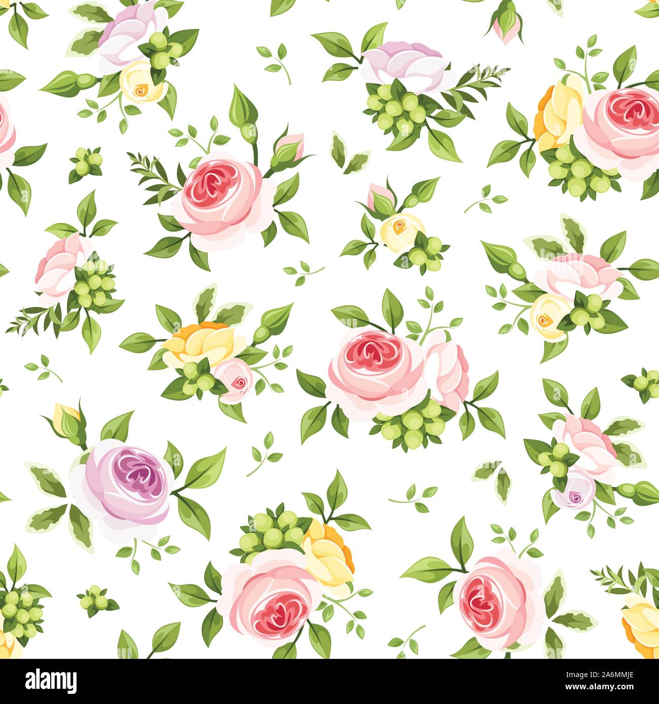 Vektor nahtlose Muster mit rosa, gelb und lila Rosen und grüne Blätter auf einem weißen Hintergrund. Stock Vektor