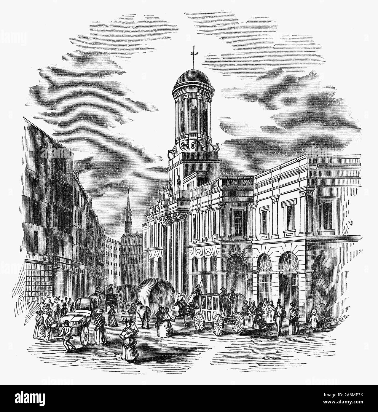 Der Royal Exchange in London wurde im 16. Jahrhundert von dem Kaufmann Sir Thomas Gresham auf Vorschlag von seinem Faktor Richard Clough als Zentrum des Handels für die Stadt London zu handeln gegründet. Gresham's ursprüngliche Gebäude wurde in dem großen Brand von London 1666 zerstört. Das zweite Gebäude auf der Seite flankiert von Cornhill und Threadneedle Street von Edward Jarman entworfen und 1669 eröffnet, aber auch abgebrannt, am 10. Januar 1838. Sie war von dem Lloyd's Versicherungsmarkt, der nach dem Brand 1838 wurde gezwungen, vorübergehend zur South Sea Haus zu bewegen. Stockfoto