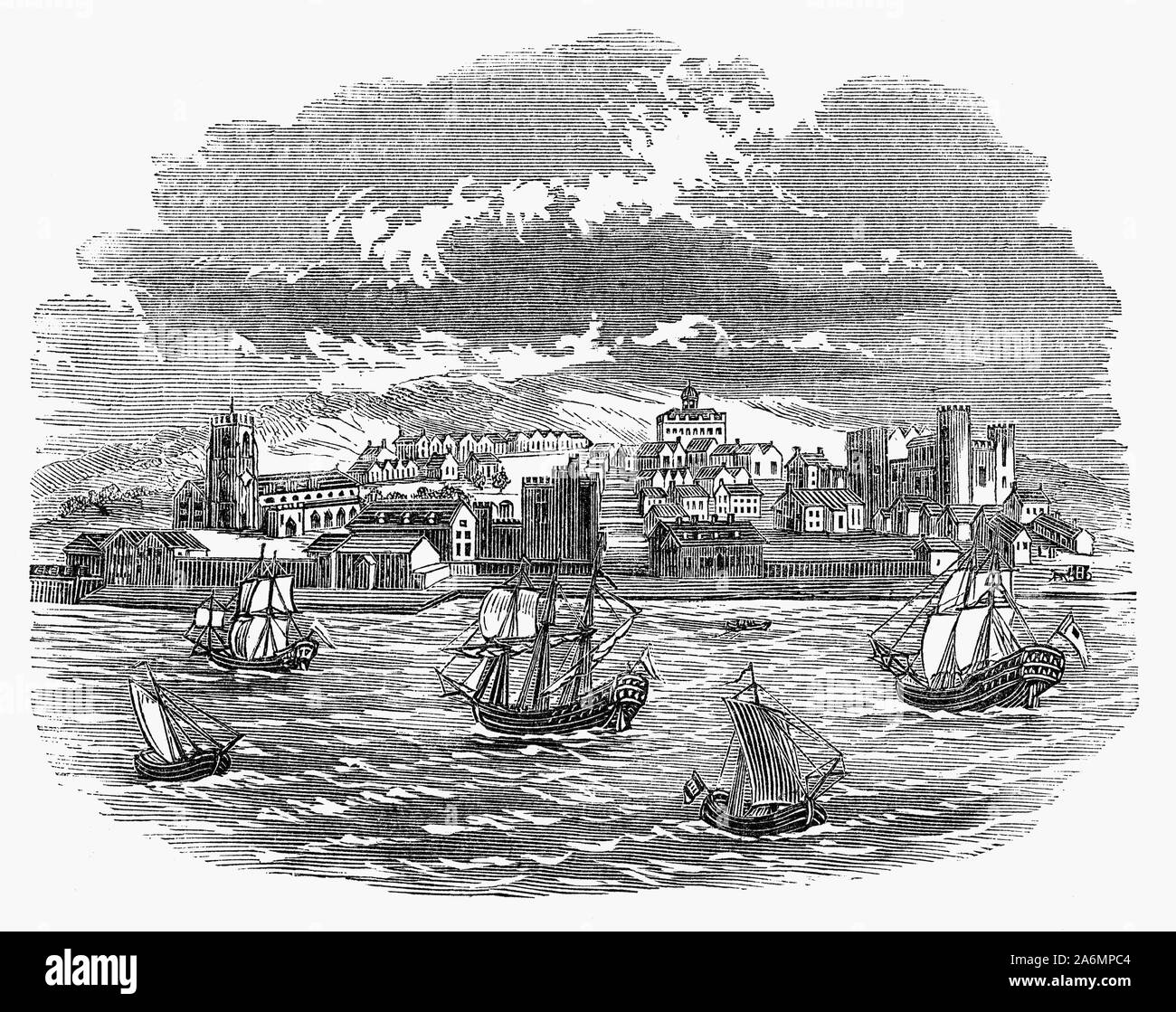 17. Jahrhundert Liverpool aus dem Fluss Mersey, das Schloss gesehen, jetzt abgerissen können auf der rechten Seite des Bildes zu sehen. Stockfoto