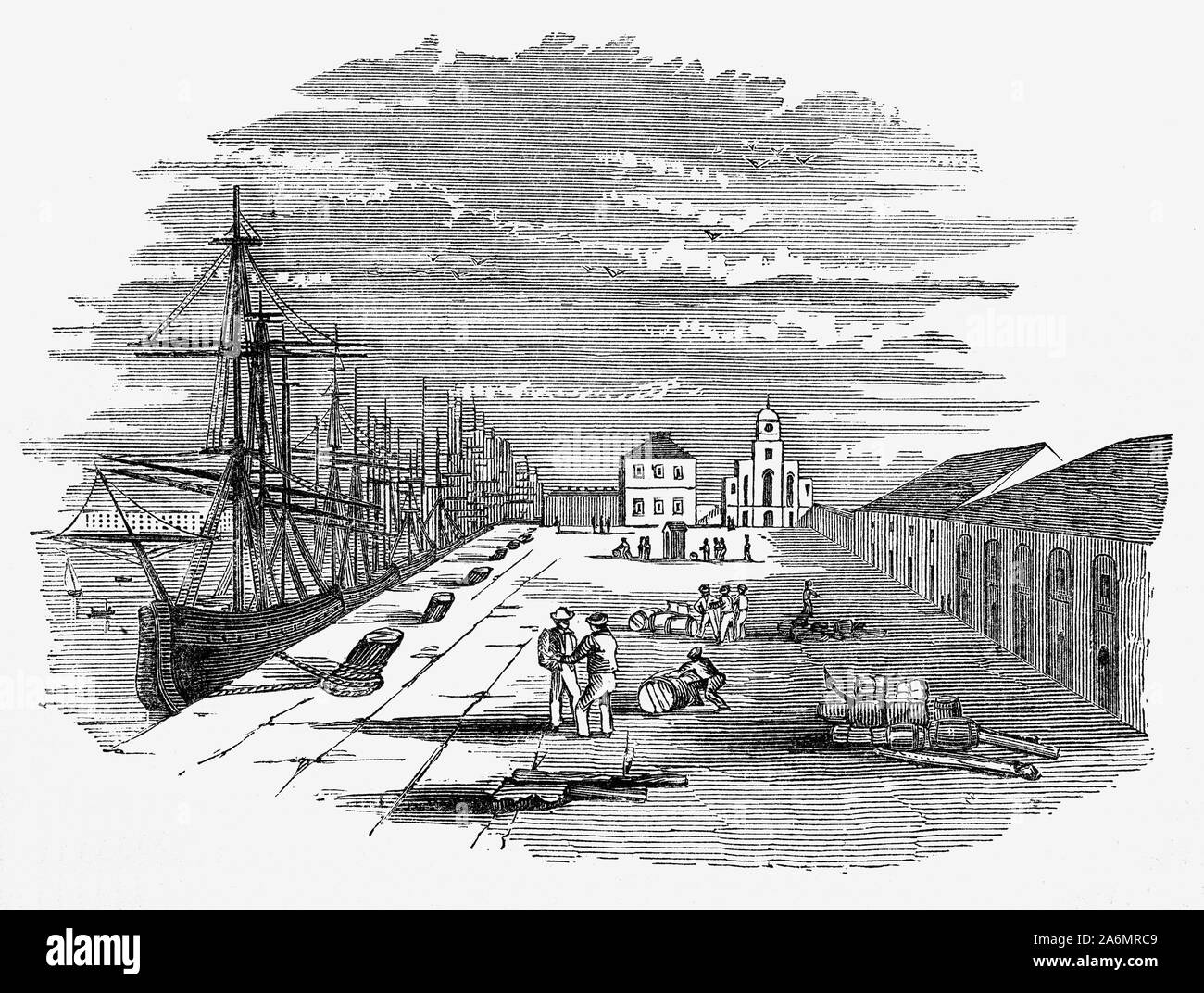 Die East India Docks Importieren von Ingenieur Ralph Walker, waren im Nordosten der West India Docks, London. Sie waren auf die bestehenden Brunswick Dock, die für die herrichtung und Instandsetzung von Schiffen als Teil der Blackwall Werft eingesetzt wurden. Die Brunswick Dock, die ursprünglich direkt an der Themse im Süden verbunden war, wurde der Export Dock. Im Norden das Unternehmen eine größere Import Dock gebaut. Beide waren an der Themse über einen östlichen Eingang Becken angeschlossen. Stockfoto