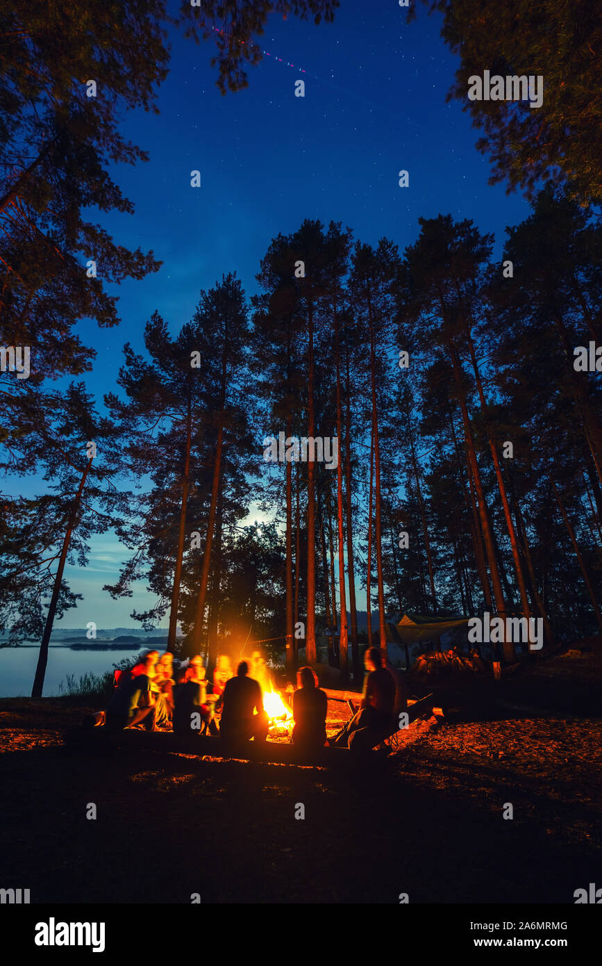 Freunde in Wald in der Nähe von Feuer auf einem Campingplatz. Gruppe von Menschen unter dem Nachthimmel mit Sternen genießen Sie Natur Urlaub am Campingplatz. Stockfoto