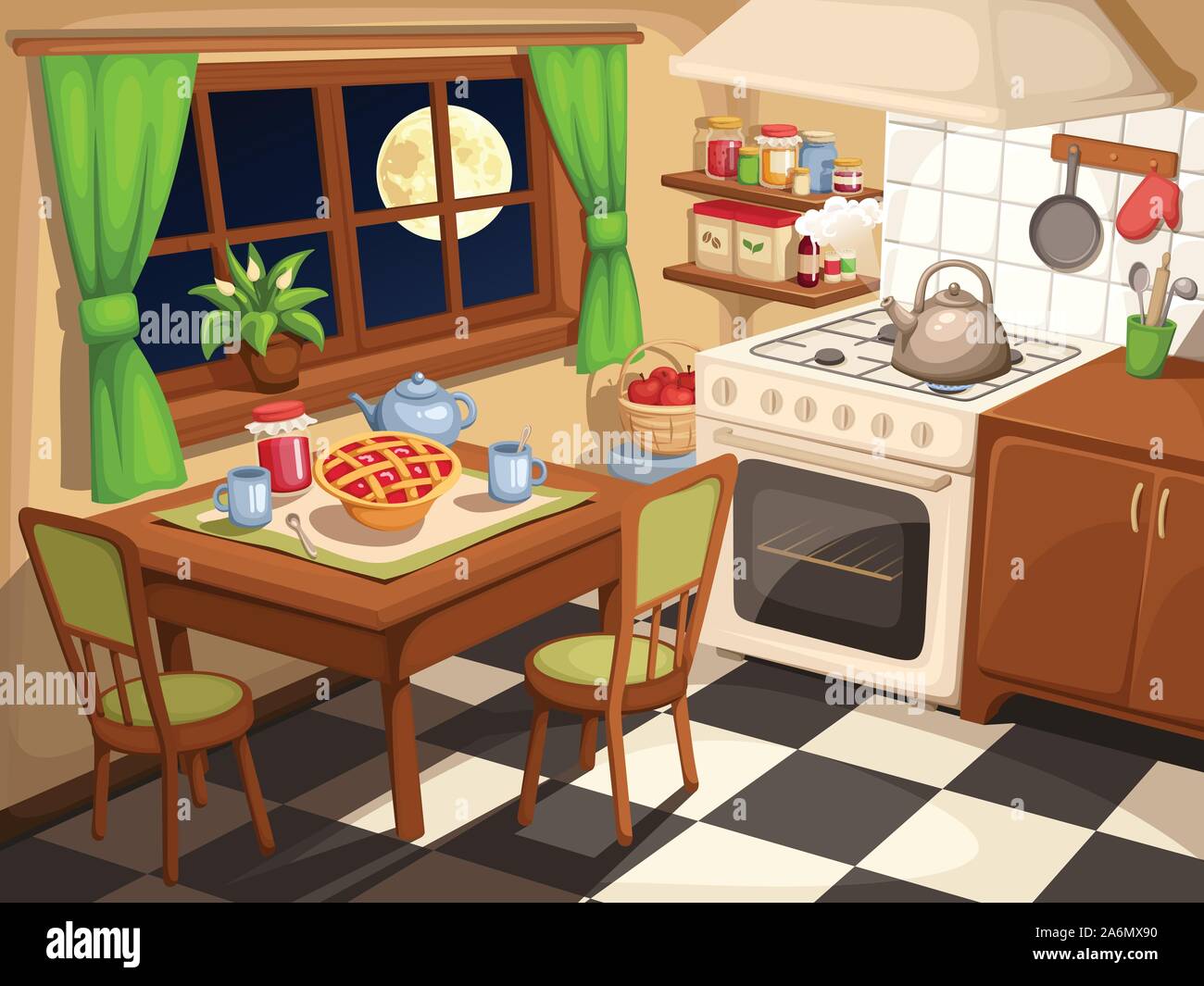 Vector Illustration eines abends Küche Interieur mit gedeckter Tisch und einen Wasserkocher auf dem Herd Stock-Vektorgrafik