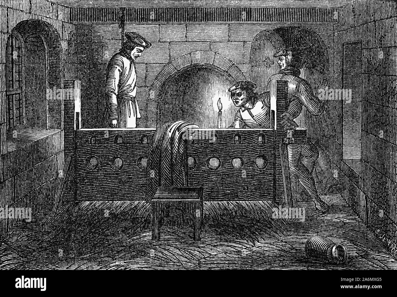 Richard Hunne war ein englischer Kaufmann Schneider in der Stadt London in den frühen Jahren der Herrschaft von Heinrich VIII. Nach einem Streit mit seinem Priester über seinen kleinen Sohn's Funeral, Hunne gesucht das Englische common law Gerichte zu verwenden, die Autorität der Kirche in Frage zu stellen. In der Antwort, Kirche Beamte ihn für Versuch in einem kirchlichen Gericht auf die Eigenkapitalunterlegung der Ketzerei festgenommen. Im Dezember 1514, während der Prozess wartet, Hunne wurde tot in seiner Zelle gefunden, und Mord durch kirchliche Amtsträger vermutet wurde. Zu seinem Tod Wut gegen den Klerus, und Monate der politischen und religiösen turmoi Stockfoto