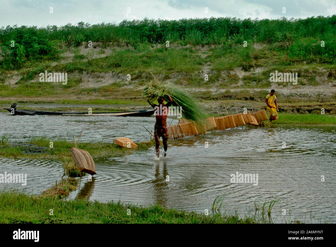 Mit einer auf seinem Kopf stack, ein Mann auf der anderen Seite des Flusses Padma während der trockenen Jahreszeit. Rajshahi, Bangladesch. Juni 27, 2009. Stockfoto
