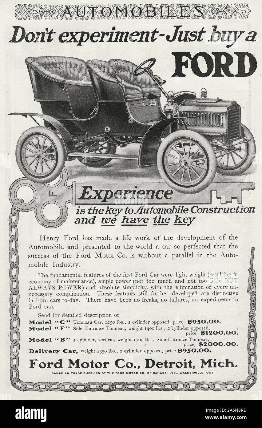 Werbung für Ford Automobile, 1905 Stockfoto