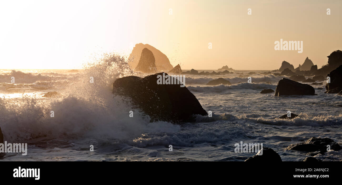 CA 03782-00 ... Kalifornien - Sonnenuntergang an einem windigen Tag am versteckten Strand entlang der Kalifornischen Küste Trail im Redwoods National Park gelegen. Stockfoto