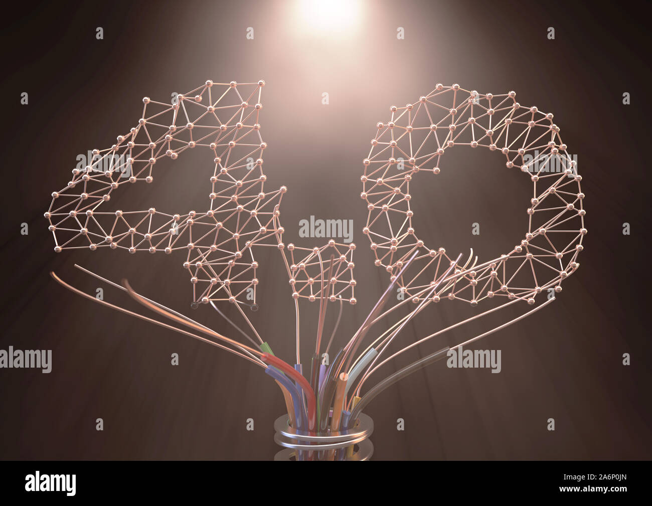 Ein Konzept, das futuristische Baum aus isolierten Kupferdraht und die Anzahl 4.0 in einem Plexus design depictiong der 4. industriellen Revolution - 3D-Rendering Stockfoto