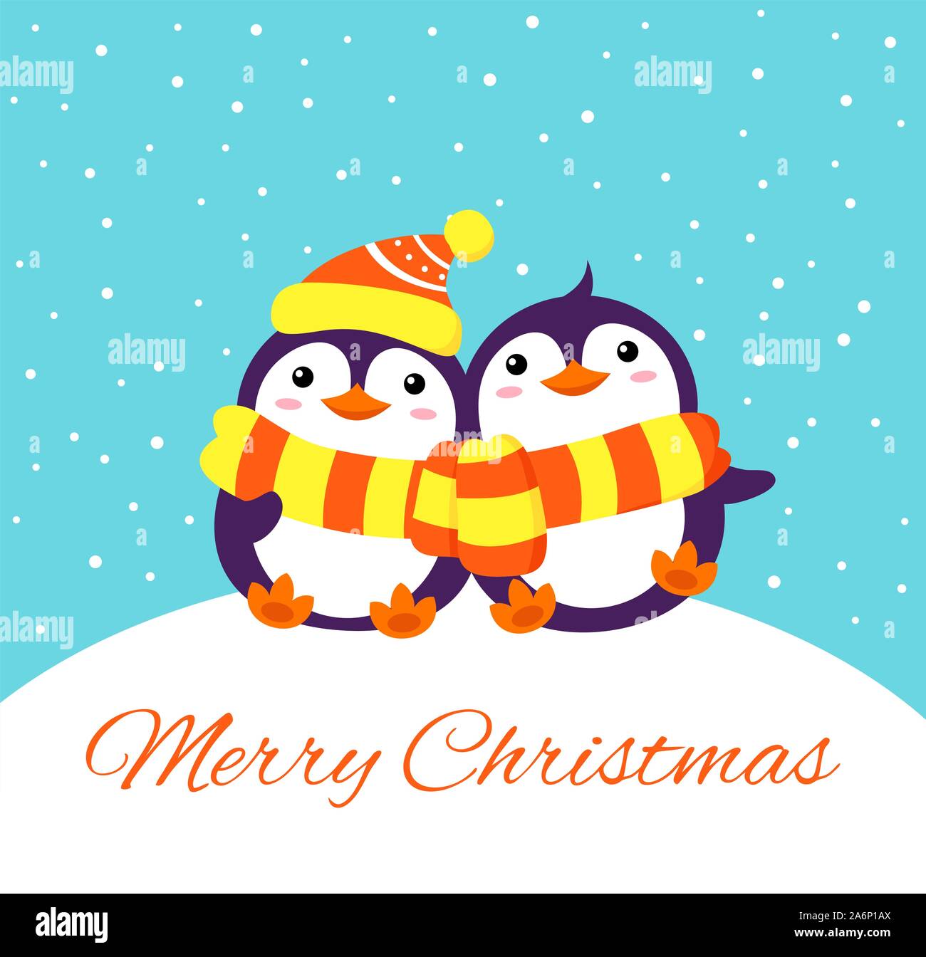 Weihnachtskarte mit zwei niedlichen Cartoon Penguins in Schal und Hut. Aufschrift frohe Weihnachten. EPS8 Stock Vektor