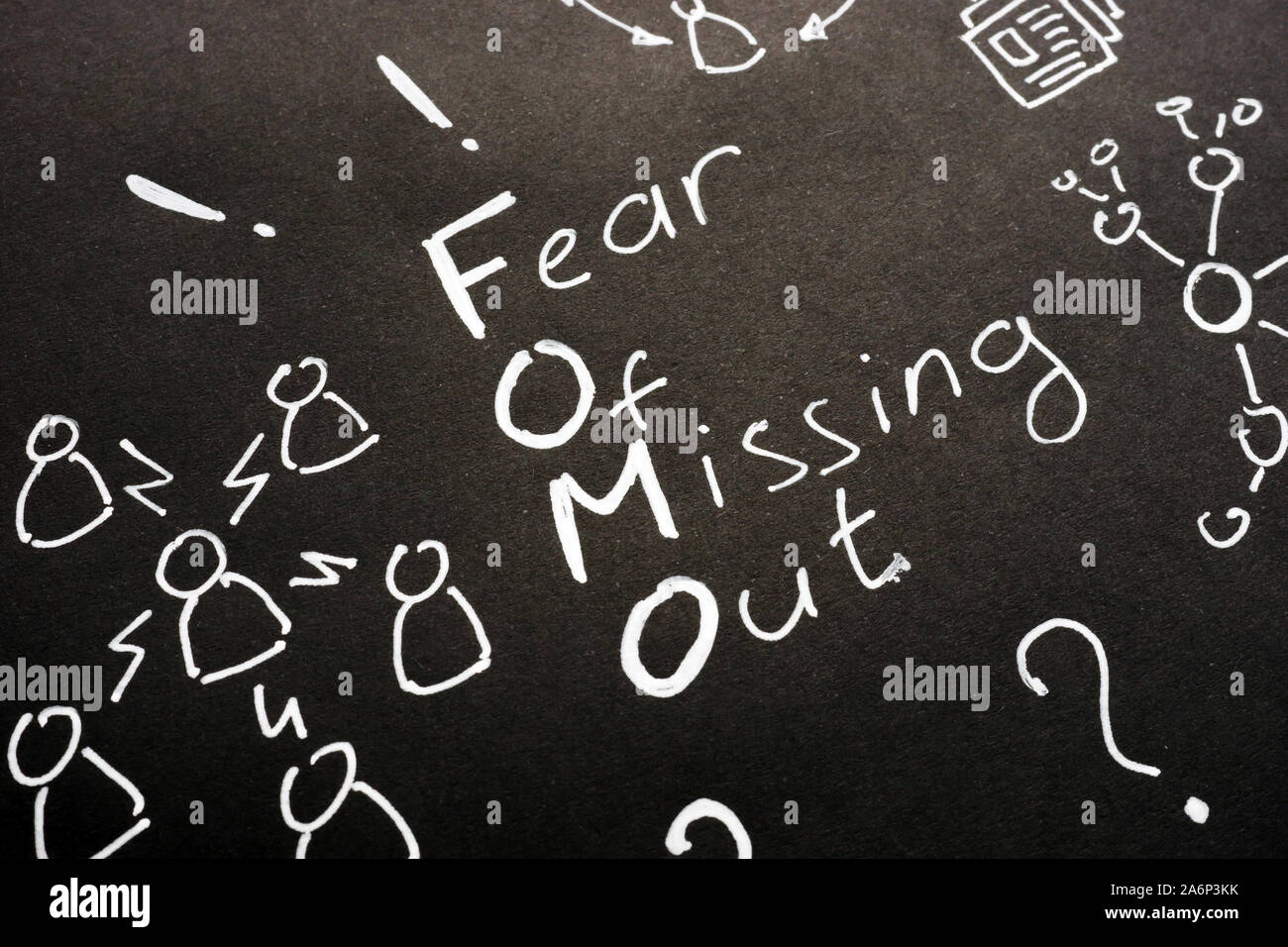 FOMO - Angst vor fehlenden Zeichen auf schwarzem Blatt. Stockfoto