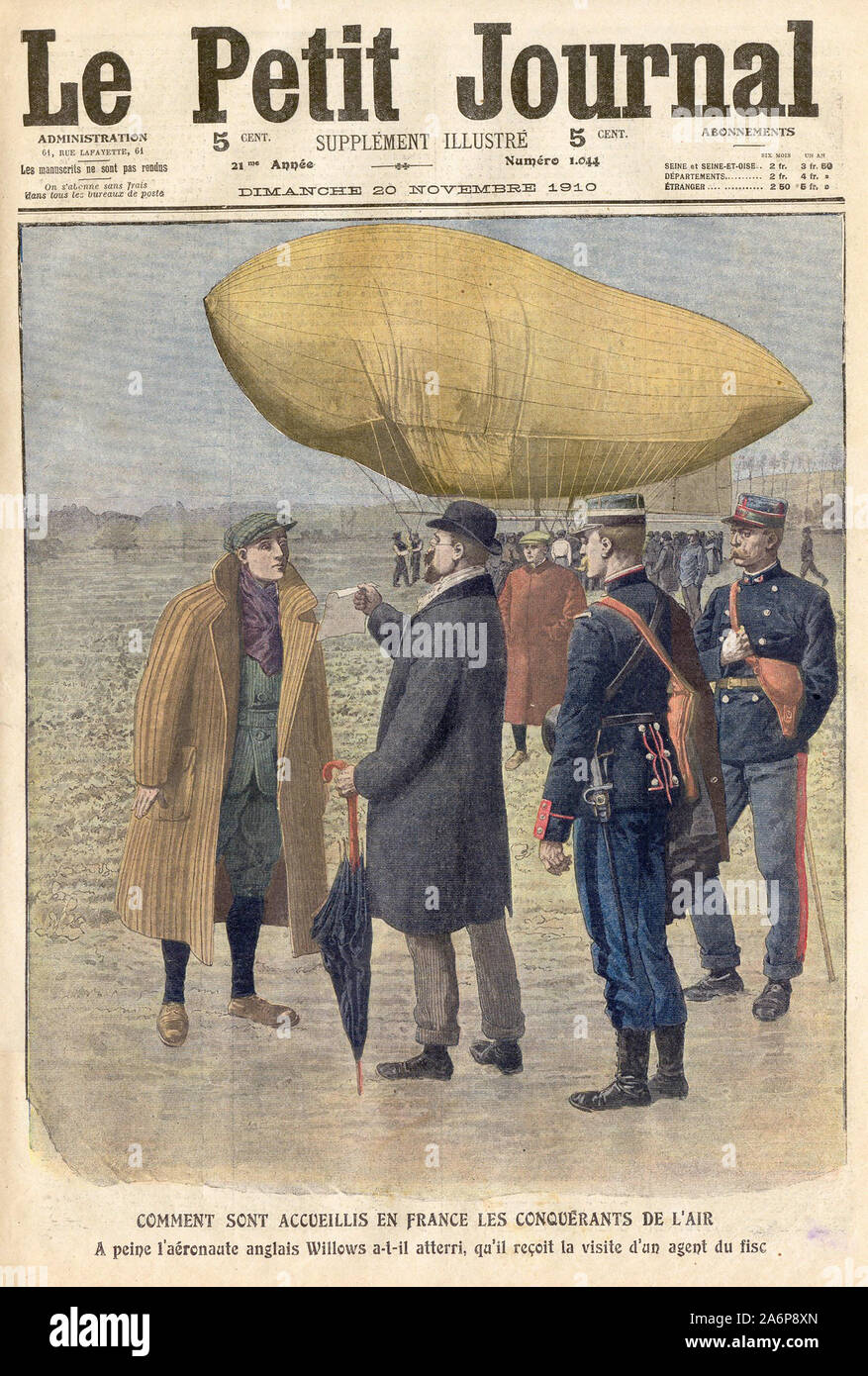 Kommentar sind ACCUEILLIS EN FRANCE LES CONQUÉRANTS DE L'Air ein Peine l'anglais aéronaute Weiden a-t-il atterri, qu'il reçoit La visite d'un Agent de fisc - wie die CONQUERANTS DER LUFT EMPFANGEN WERDEN, SIND IN FRANKREICH Kaum ist der Englische aeronaut Weiden landete, als er Besuch von einem steuerbeamten - In "Le Petit Journal" Französische illustrierte Zeitung - 1910 Stockfoto