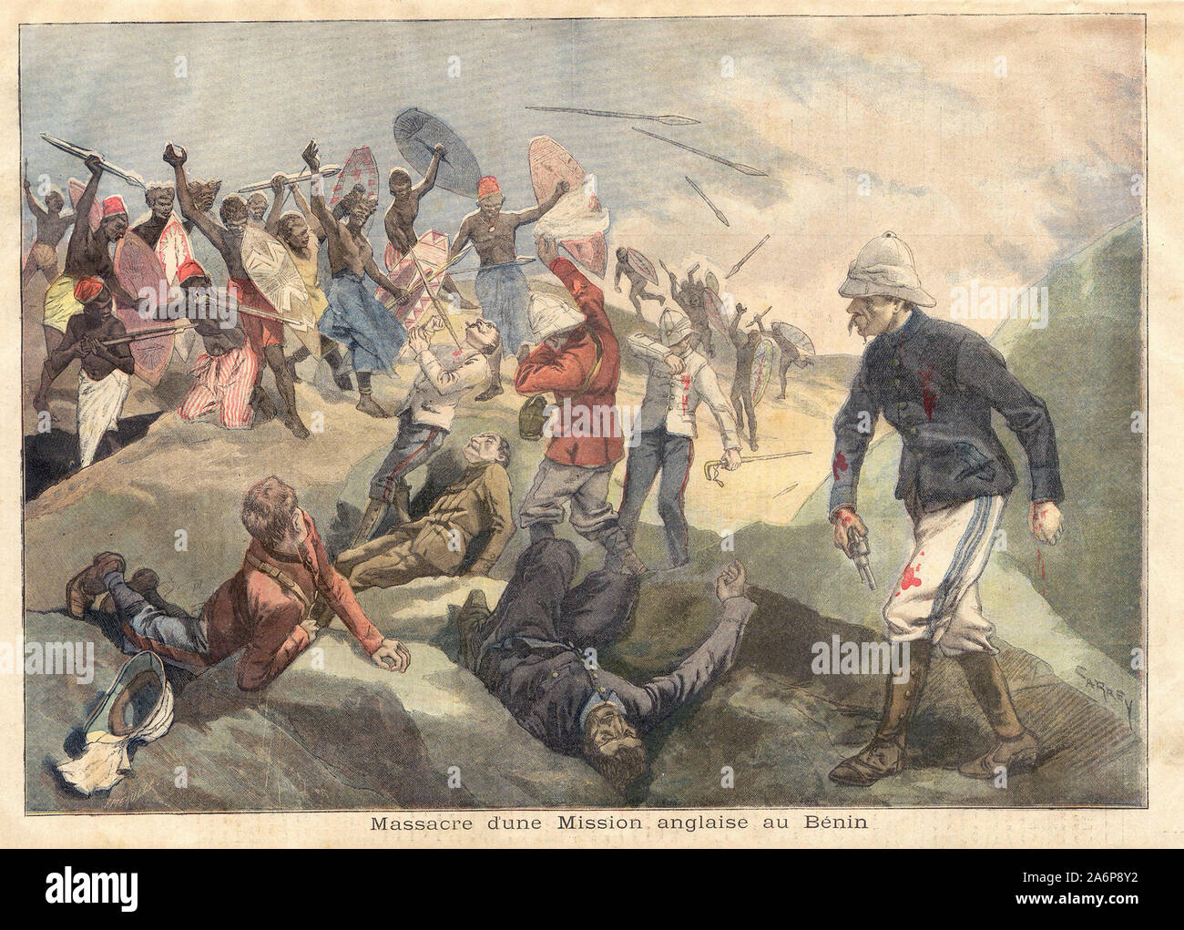 Massaker d'une Mission anglaise au Bénin - Massaker an eine englische Mission in Benin - In "Le Petit Journal" Französische illustrierte Zeitung Stockfoto