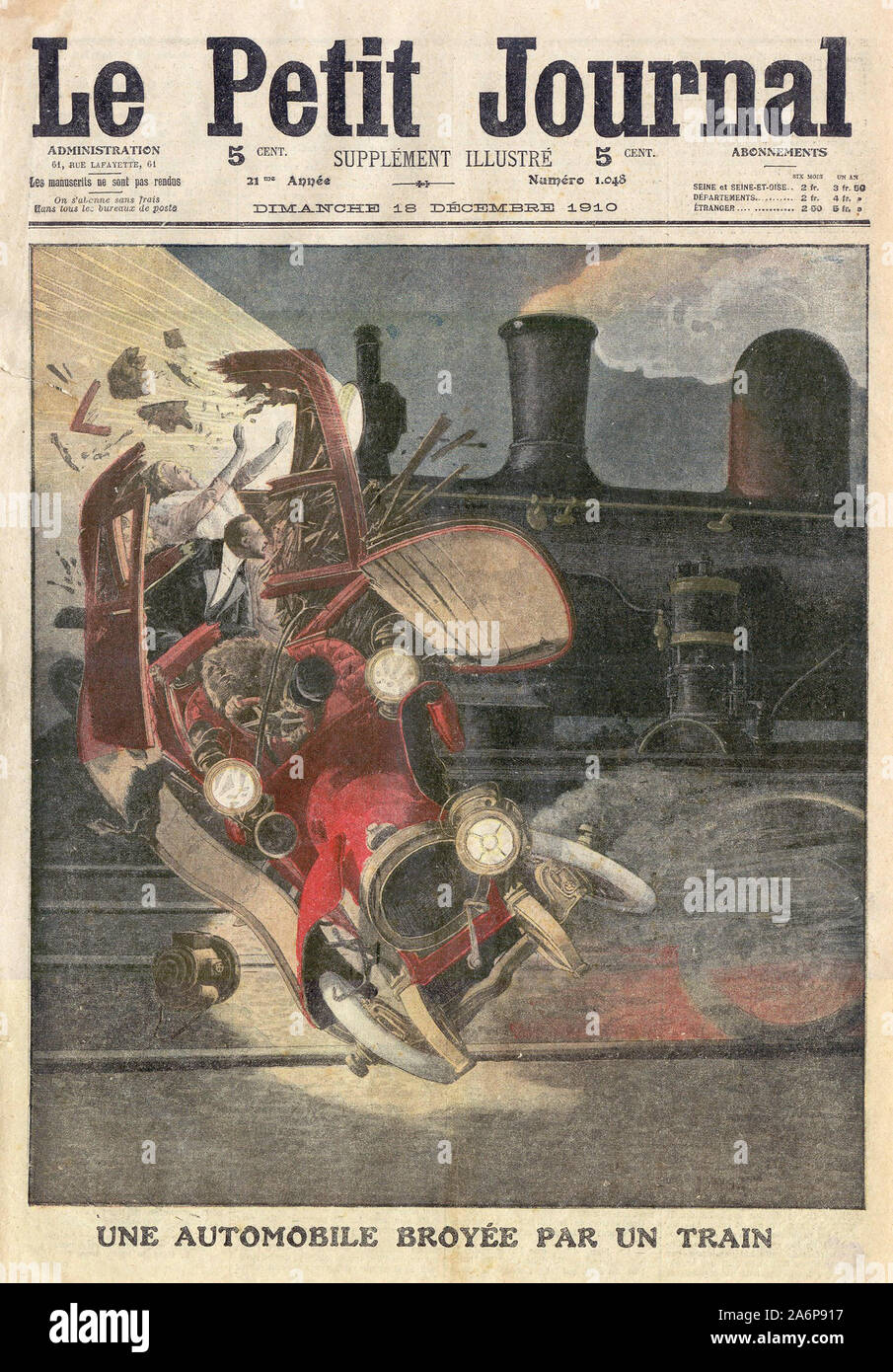 Une Automobil broyée par un Train-ein Auto von einem Zug zerquetscht - In "Le Petit Journal" Französische illustrierte Zeitung - 19410 Stockfoto