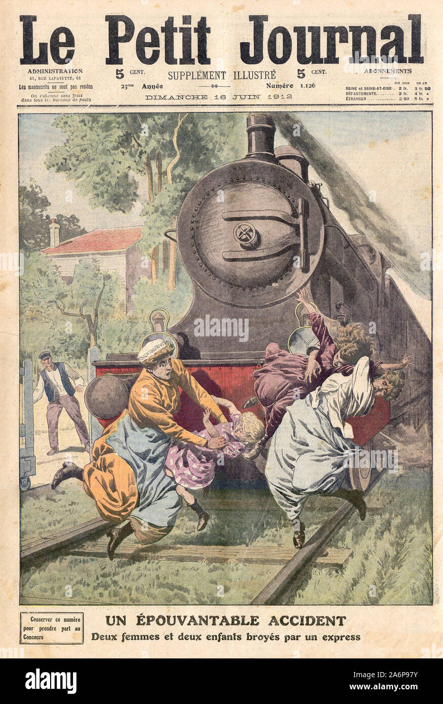 UN-ÉPOUVANTABLE UNFALL Deux Femmes et Deux enfants broyés par un-express - EIN GROSSER UNFALL zwei Frauen und zwei Kinder zerquetscht durch ausdrückliche - In "Le Petit Journal" Französische illustrierte Zeitung - 1912 Stockfoto