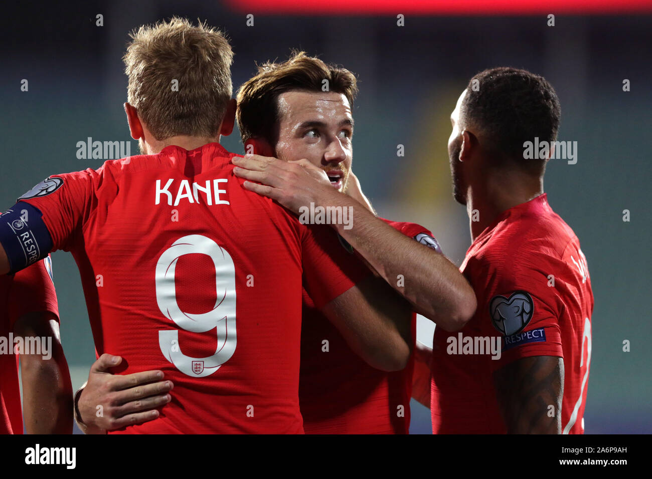 Sofia, Bulgarien - 14. Oktober 2019: England feiert ihr 6. Ziel gegen Bulgarien zählen während Bulgarien vs England match Teil 2020 E Stockfoto