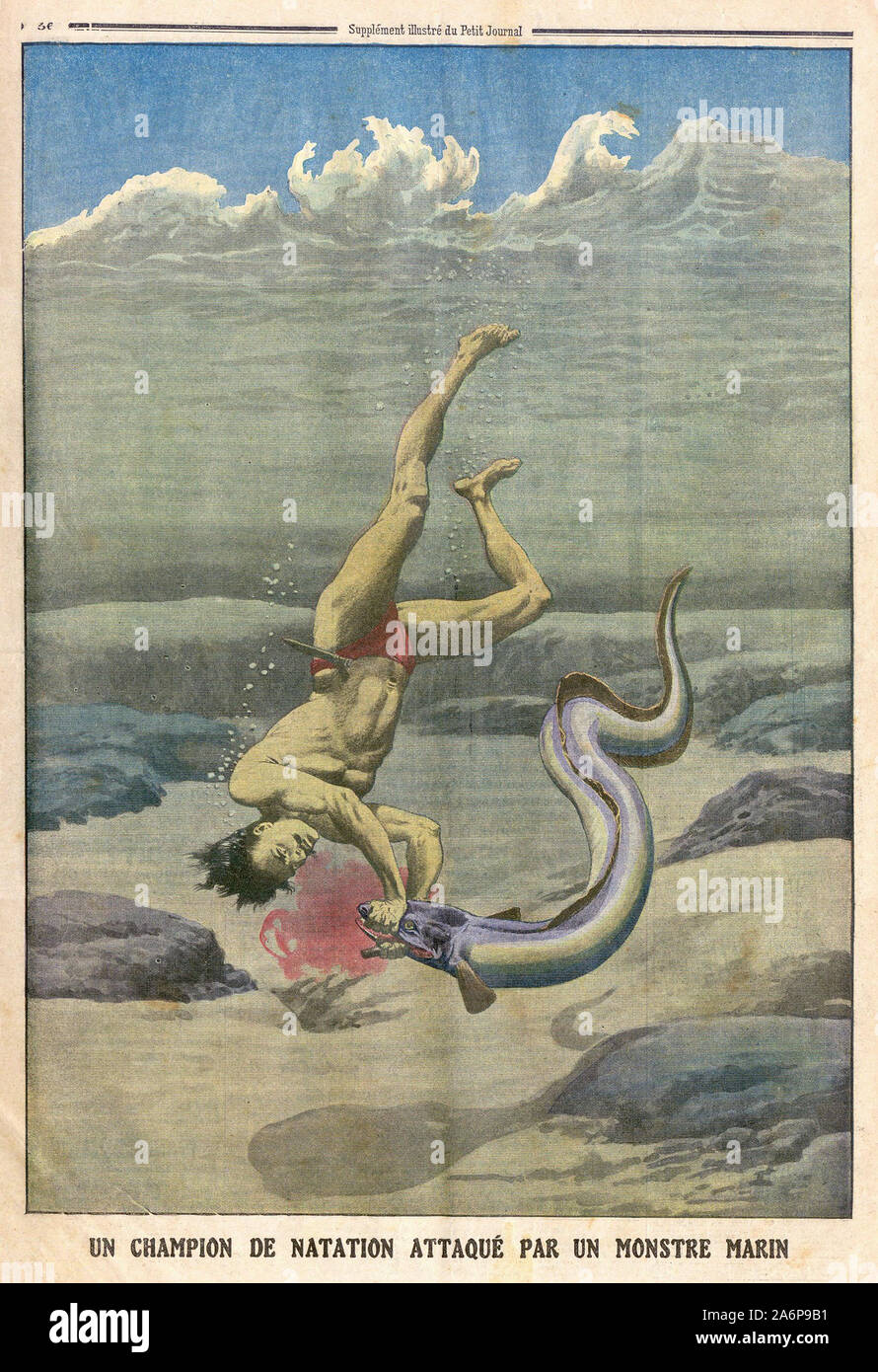 UN-CHAMPION DE NATATION ATTAQUE PAR UN MONSTRE MARIN - In "Le Petit Journal" illustrierte Zeitung - EINEN MEISTER ANGEGRIFFEN VON EINEM MARINE MONSTER - Stockfoto