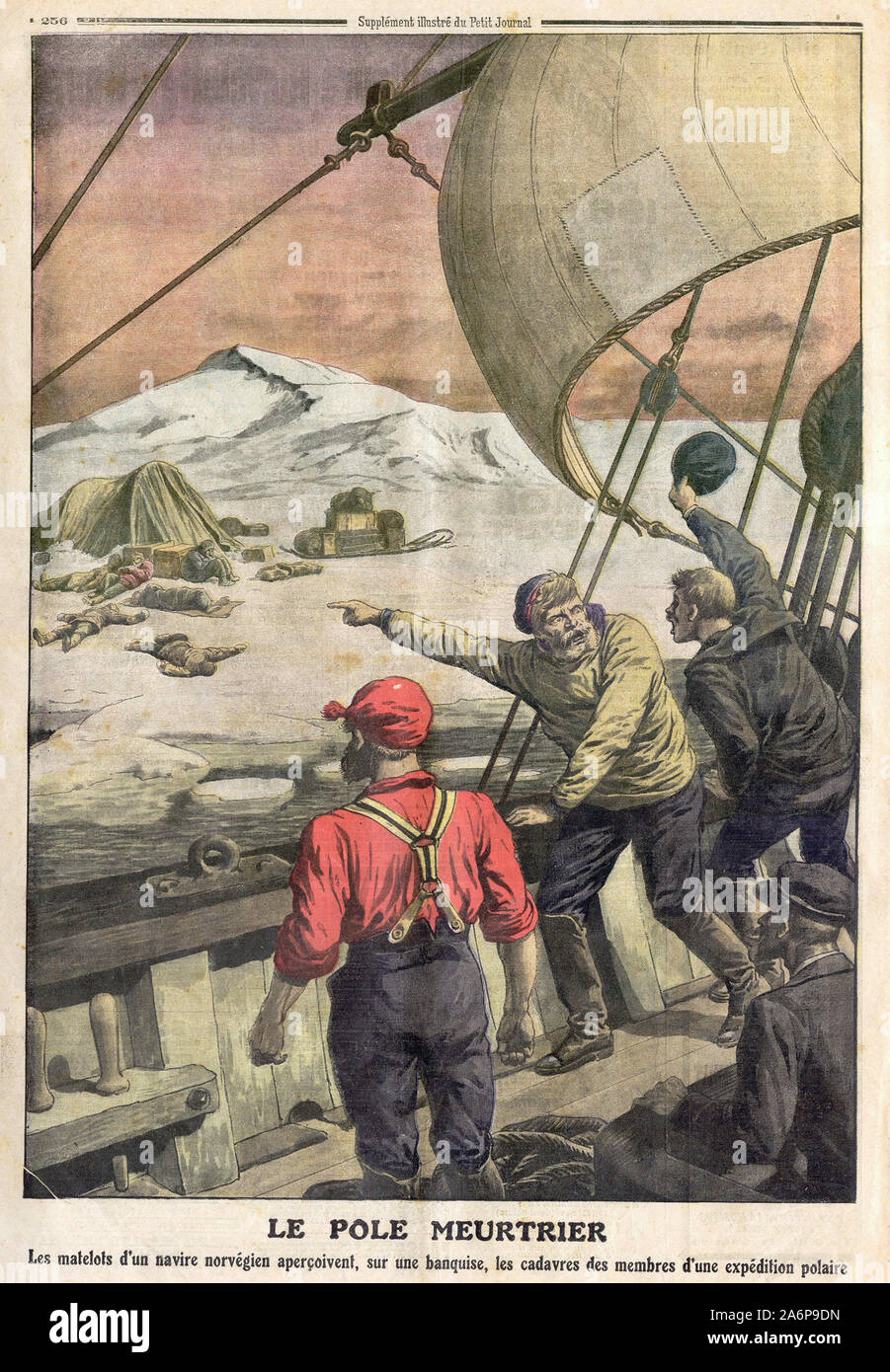 LE POLE MEURTRIER Les Matelots d'un navire norvégien aperçoivent, sur une Banquise, Les cadavres des membres d'une expédition polaire - DIE DOLLY POLE der Seeleute von Einem norwegischen Schiff finden Sie die Leichen von Mitgliedern eines Polar Expedition auf einer Eisscholle - In "Le Petit Journal" illustrierte Zeitung - Stockfoto