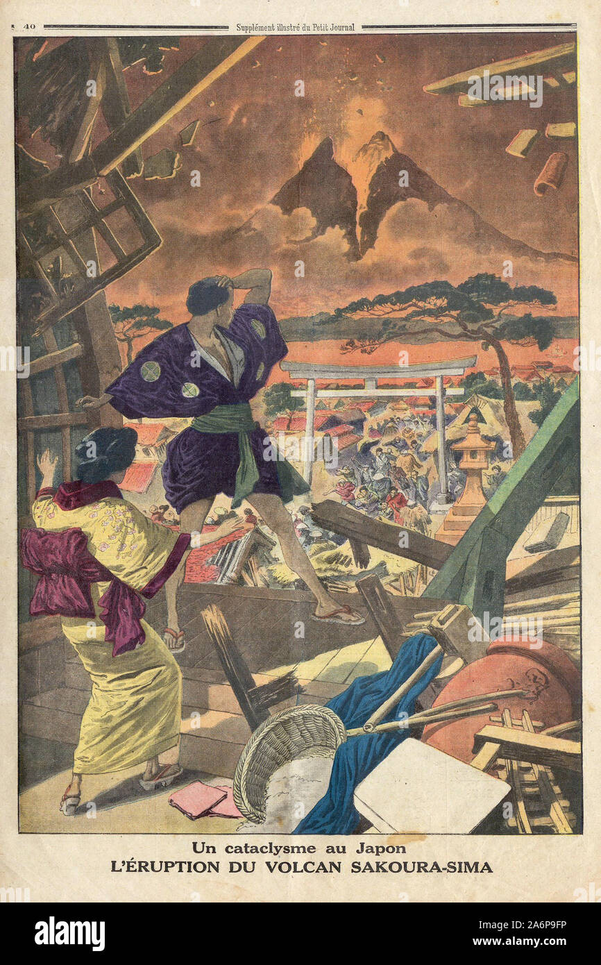 Un-cataclysme au Japon L'ÉRUPTION DU VOLCAN SAKOURA-SIMA - In "Le Petit Journal" illustrierte Zeitung - Stockfoto