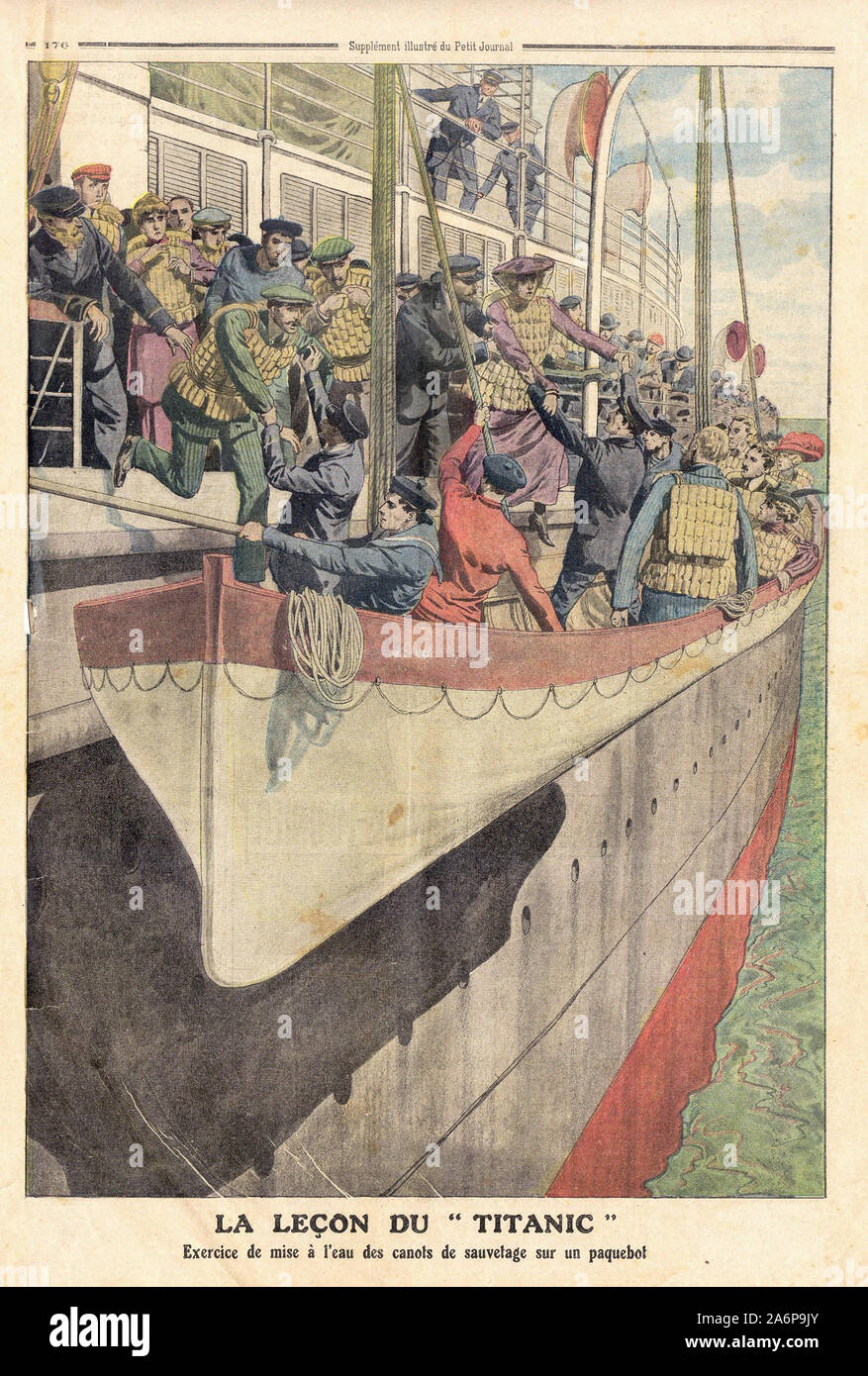 LA LEÇON DE TITANIC' Exercice de mise à l'eau des canots de sauvetage sur un paquebot - DIE TITANIC LEKTION "Übung der Einleitung Rettungsboote auf einem Liner - In "Le Petit Journal" illustrierte Zeitung - Stockfoto