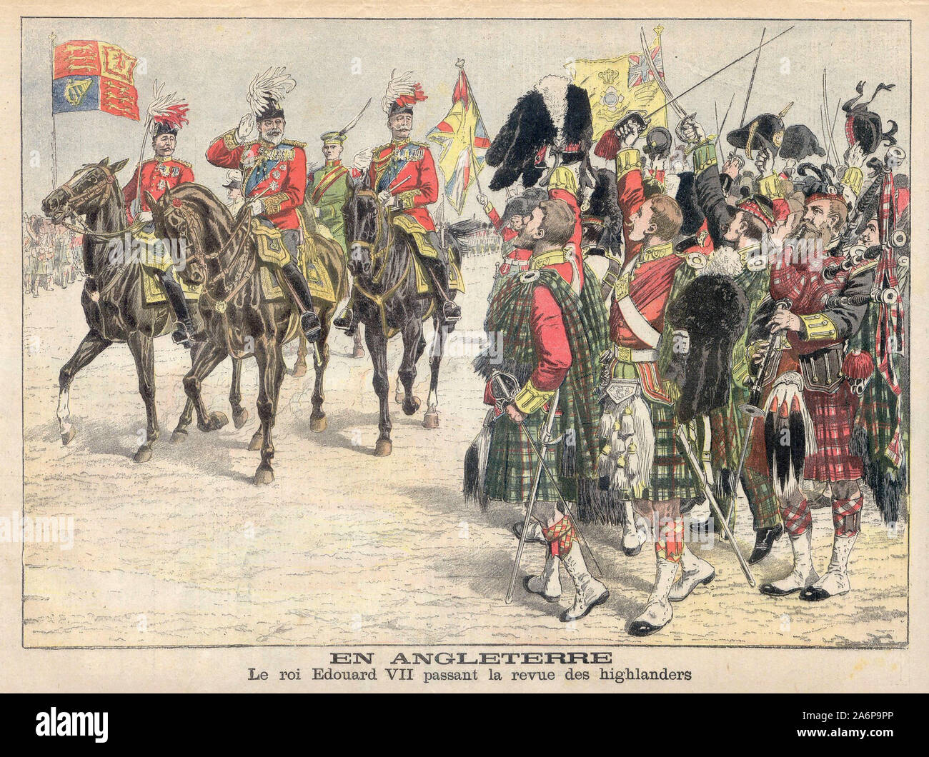 Le roi Edouard VII passant La Revue des Highlanders - König Edward VII., der Überprüfung der Highlanders - In "Le Petit Journal" illustrierte Zeitung - Stockfoto