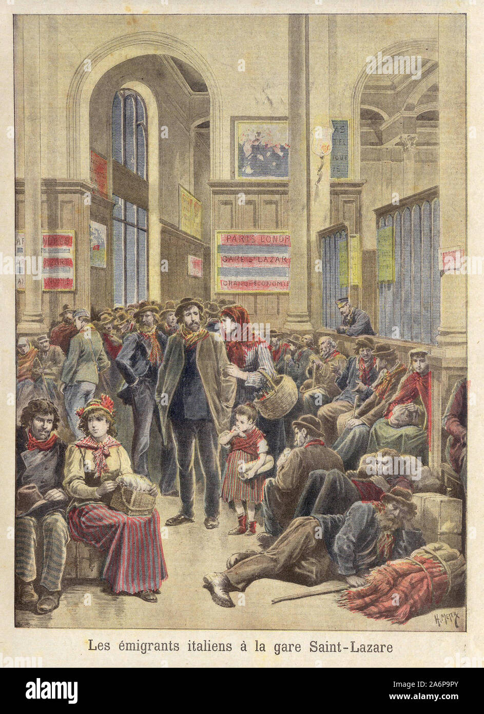 Les émigrants Italiens à la Gare Saint-Lazare - italienischer Emigranten am Bahnhof Saint-Lazare - In "Le Petit Journal" illustrierte Zeitung - Stockfoto