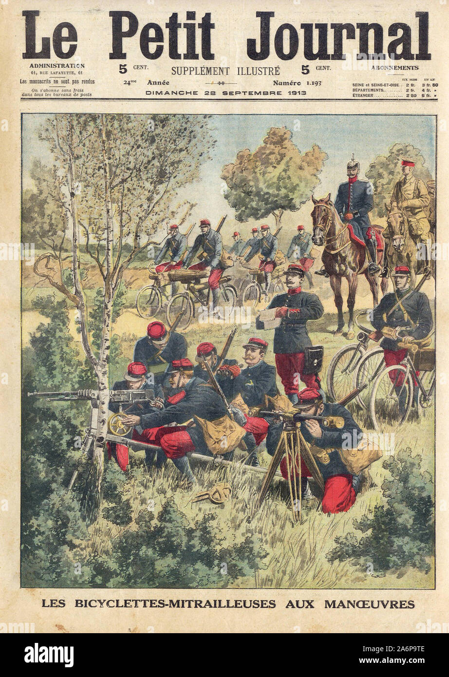 LES BICYCLETTES - MITRAILLEUSEN AUX MANOEUVRES - In "Le Petit Journal" Französische illustrierte Zeitung - 1913 Stockfoto