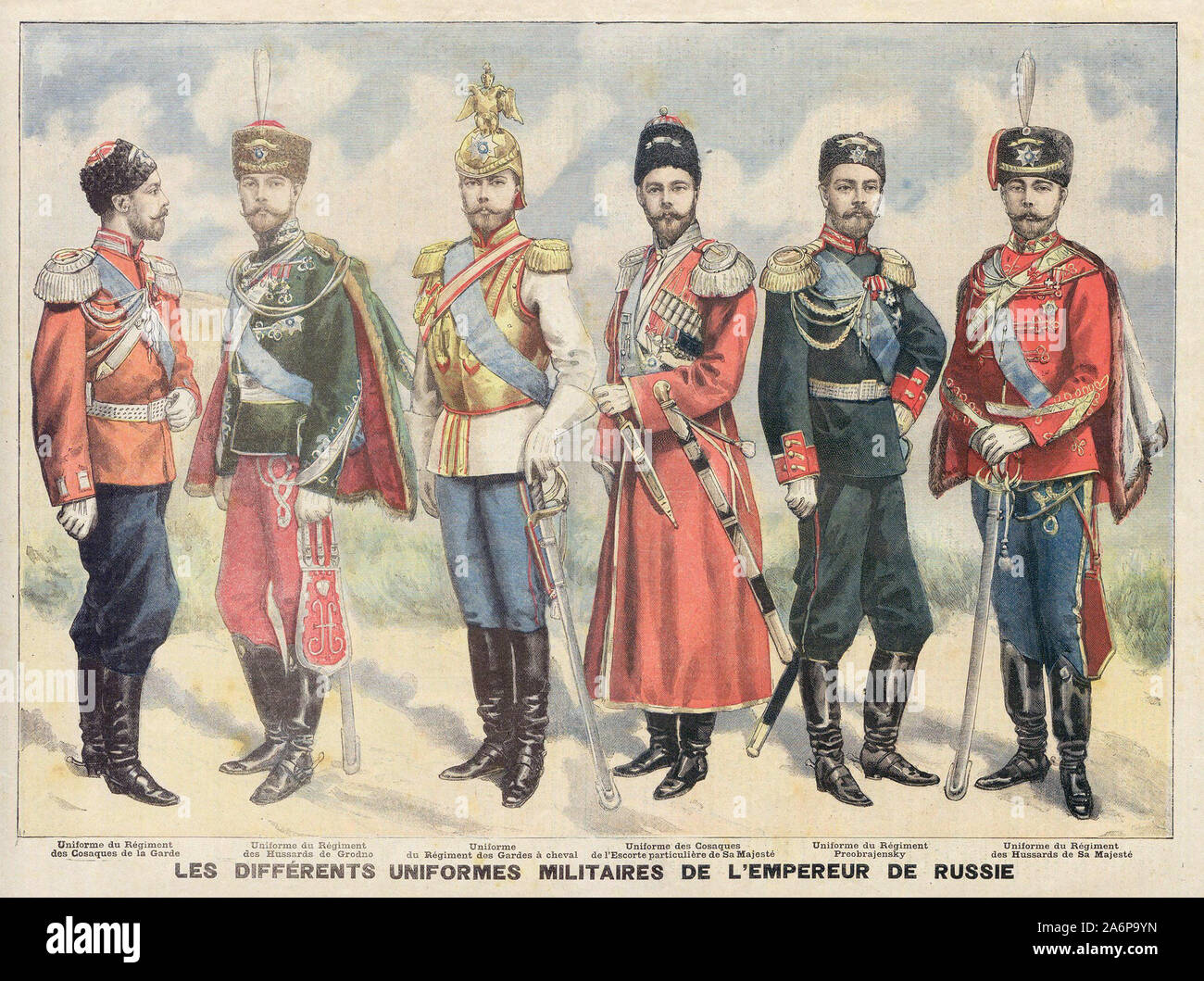 Uniforme du Régiment des Cosaques de la Garde Uniforme du Régiment des Hussards de Grodno Uniforme des Cosaques Uniforme du Régiment preobrajens Uniforme du Régiment des Hussards de Sa Majestätsbeleidigung Régiment de Gardes à cheval de l'Escorte particulière de Sa Majestätsbeleidigung UNIFORMEN WURDEN DE L'Empereur DE RUSSIE - In "Le Petit Journal" französische Zeitung illustriert Stockfoto