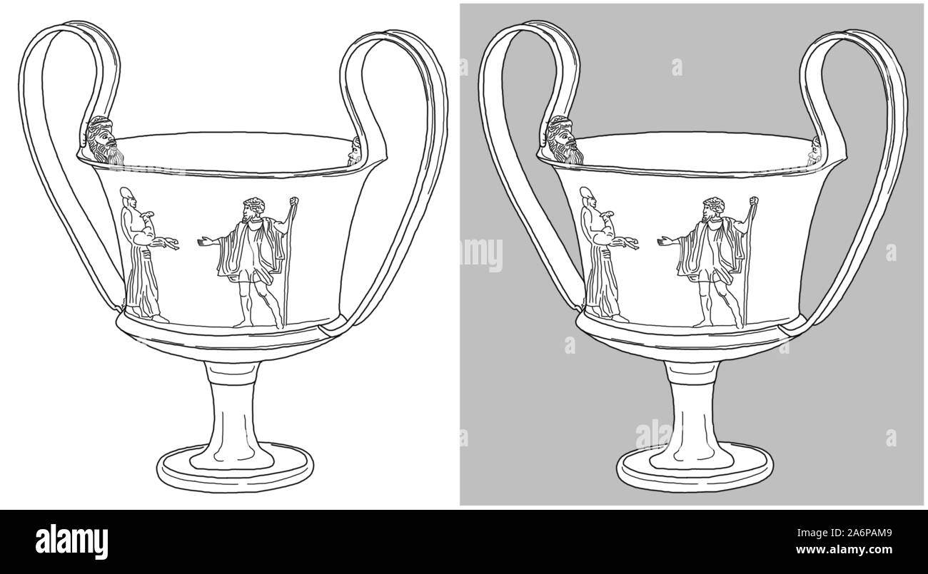 Silber-vergoldeten kantharos mit menschlichen Figuren, an Duvanli, Bulgarien (eine thrakische Stück vom 5. C. Chr.). Zeichnung auf weißen und grauen Hintergrund isoliert. Stockfoto