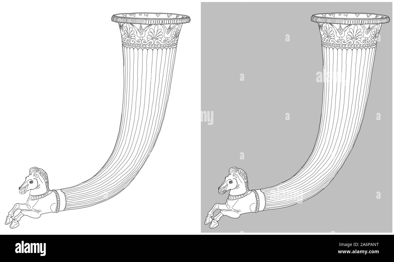 Silber-vergoldeten rhyton mit Pferd protome, an Duvanli, Bulgarien (eine thrakische Stück vom 5. C. Chr.). Zeichnung auf weißen und grauen Hintergrund isoliert. Stockfoto