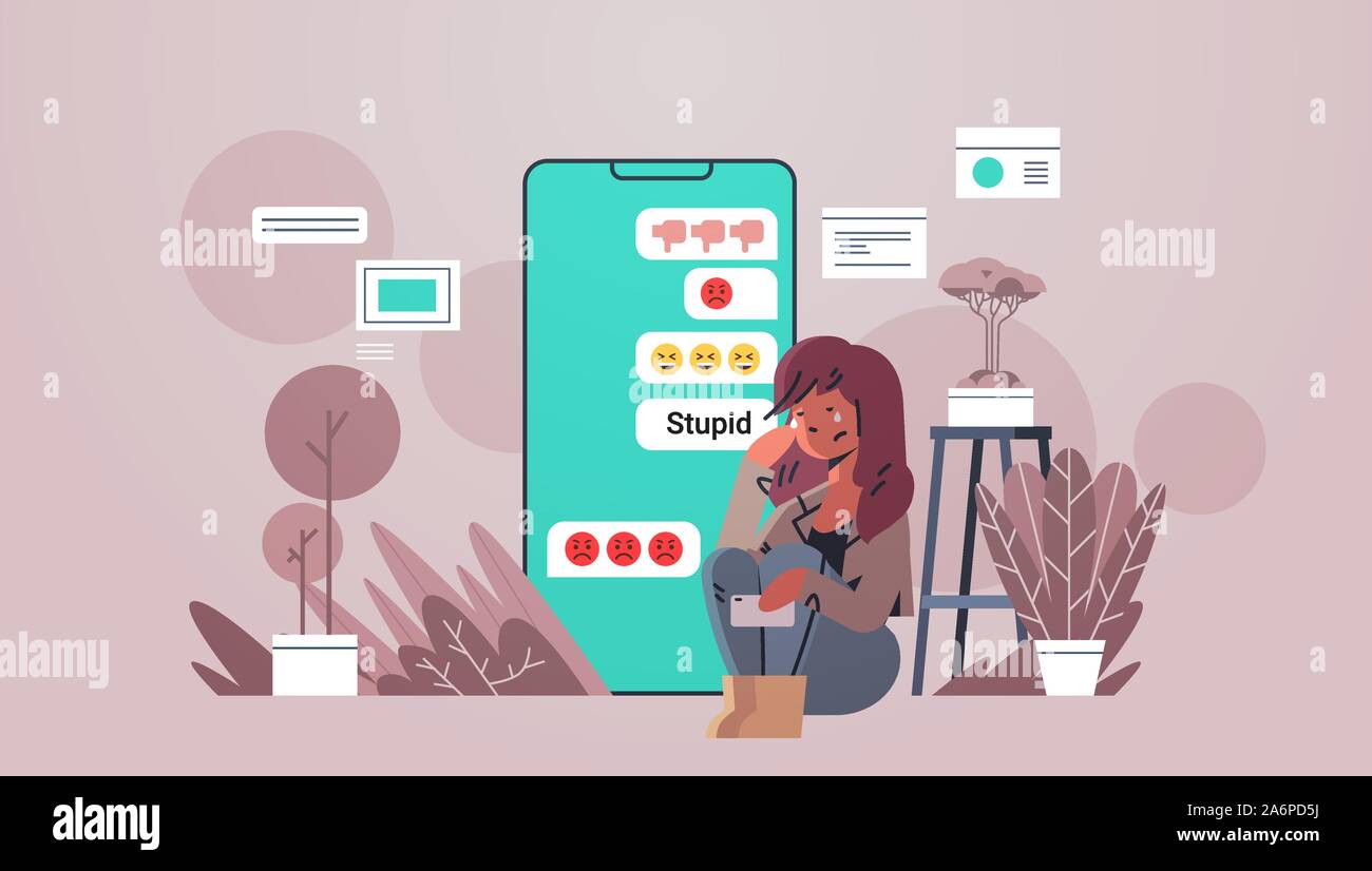 Mädchen mit online Mobile Social Media Belästigung trolling Cyber Mobbing Konzept beleidigenden Nachrichten auf dem Smartphone Bildschirm voller Länge waagrechten Vektor-illustration chat gemobbt, Teenager Stock Vektor