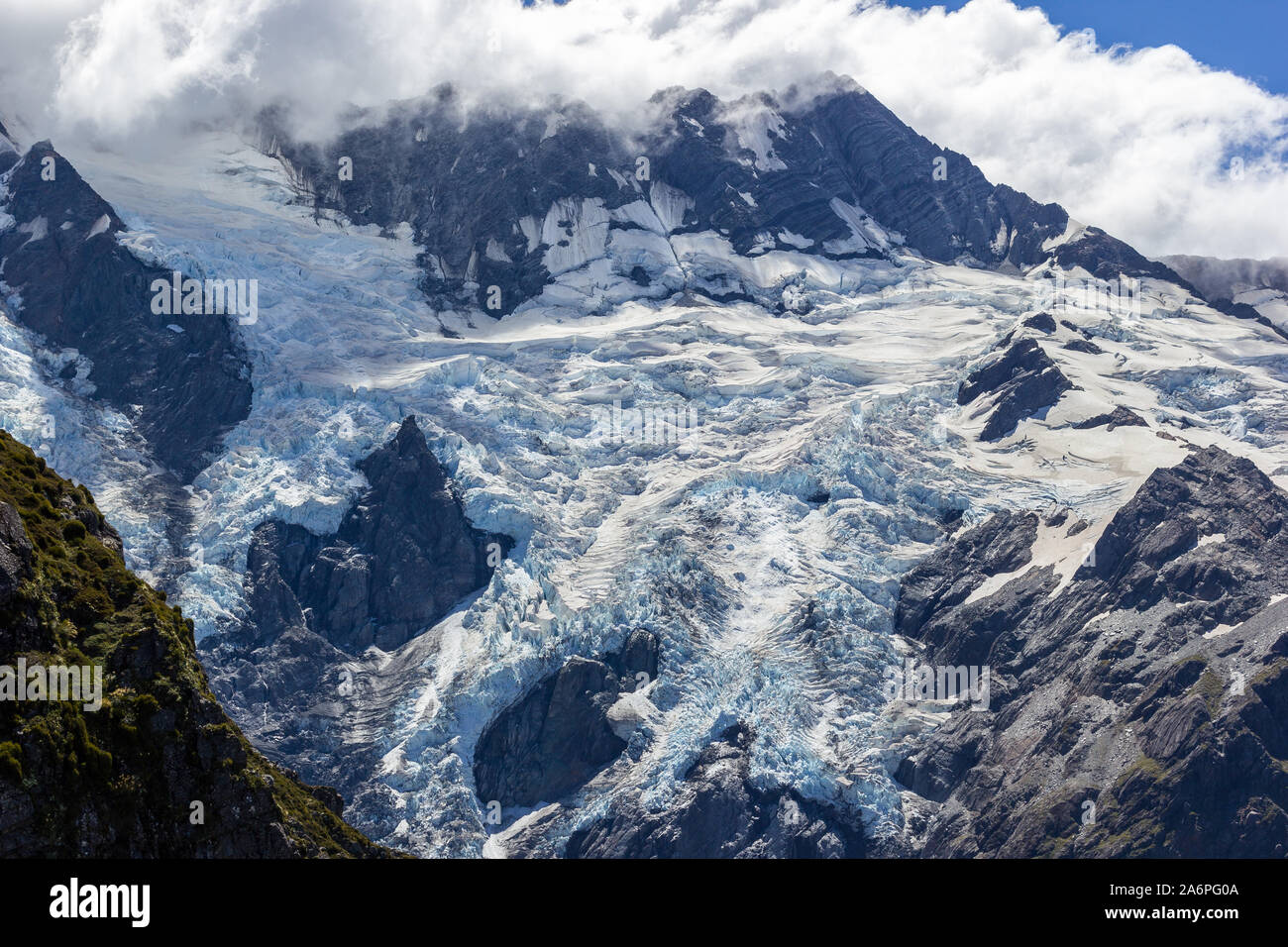 Gletscher des Mount Cook, Aoraki Mt Cook Nationalpark Southern Alps mountain South Island, Neuseeland Stockfoto