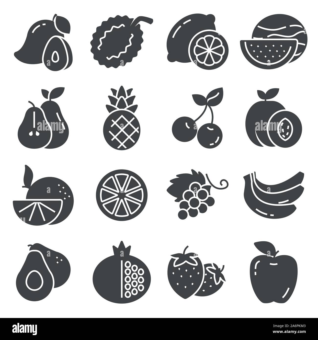 Satz von Obst graue Symbole auf weißem Hintergrund Stock Vektor
