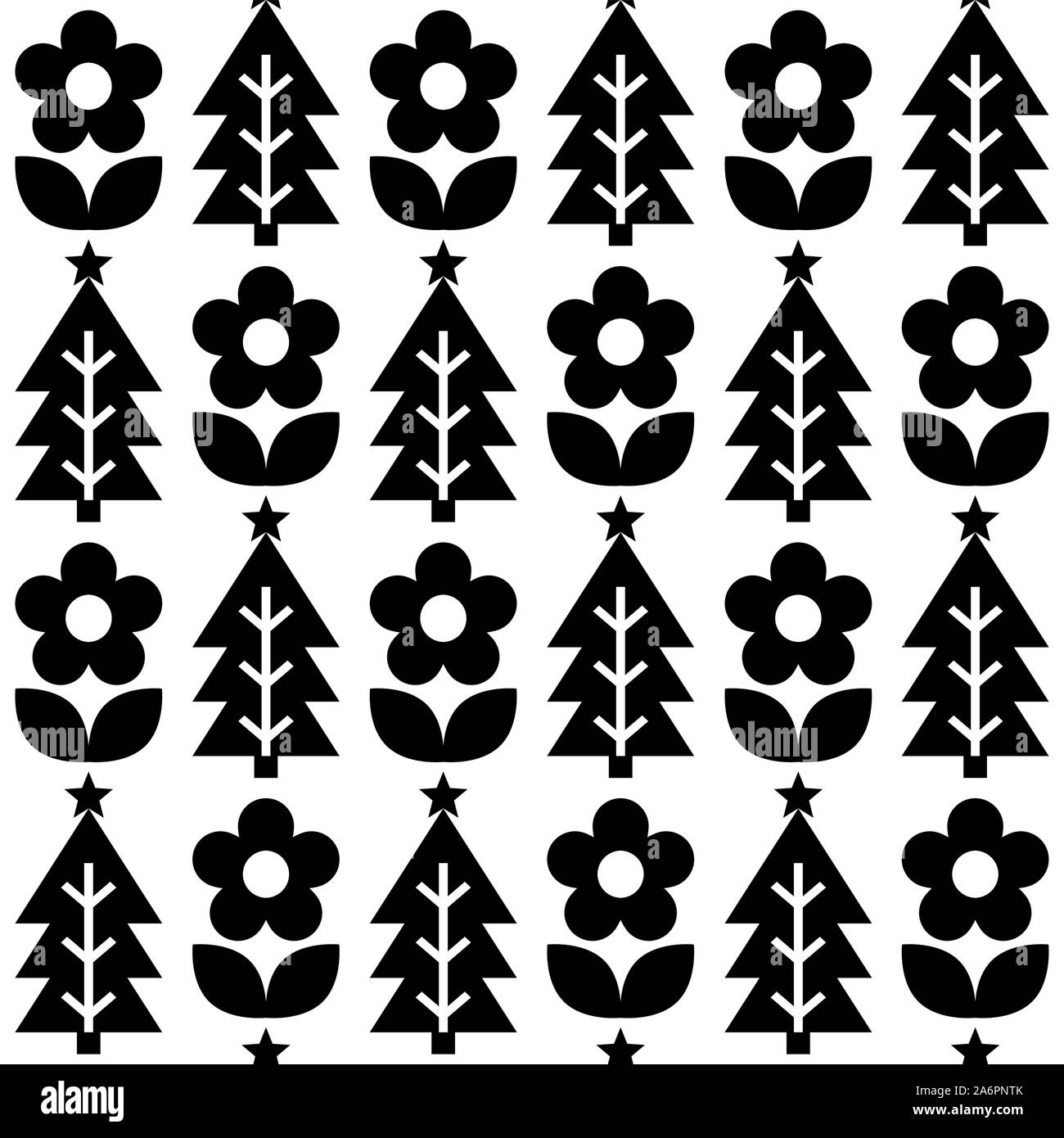 Süße repetitive Nordic Weihnachten Volkskunst Vektor nahtlose Muster, monochrome cute festliche Skandinavisches Design mit Blumen und Weihnachtsbäume. Weihnachten Stock Vektor
