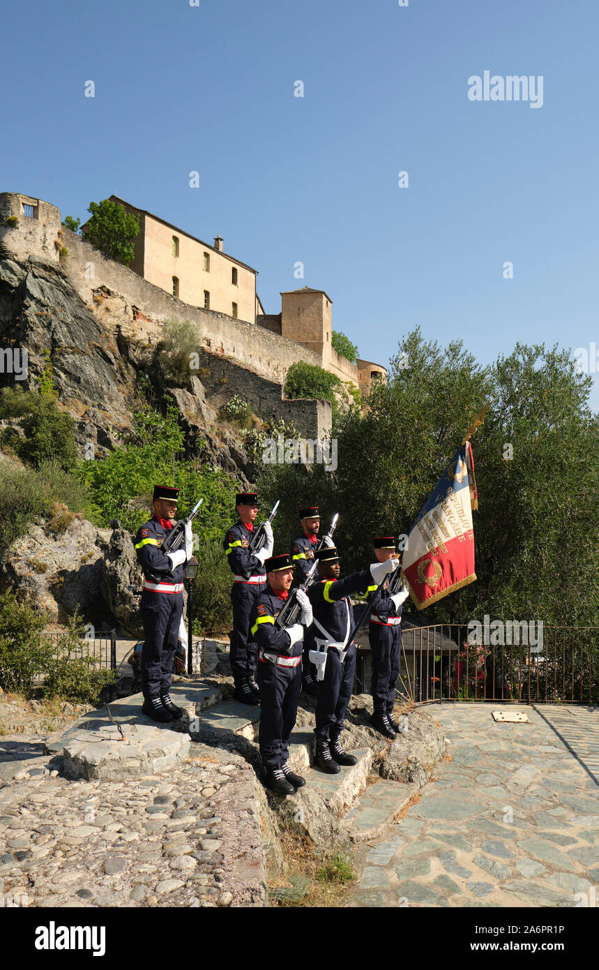Gedenken an den Tag der Bastille - der Nationalfeiertag Frankreichs in Corte Corsica Frankreich 14. Juli 2019 - UIISC 5 bewaffnet Militärische zivile Sicherheitseinheit Stockfoto