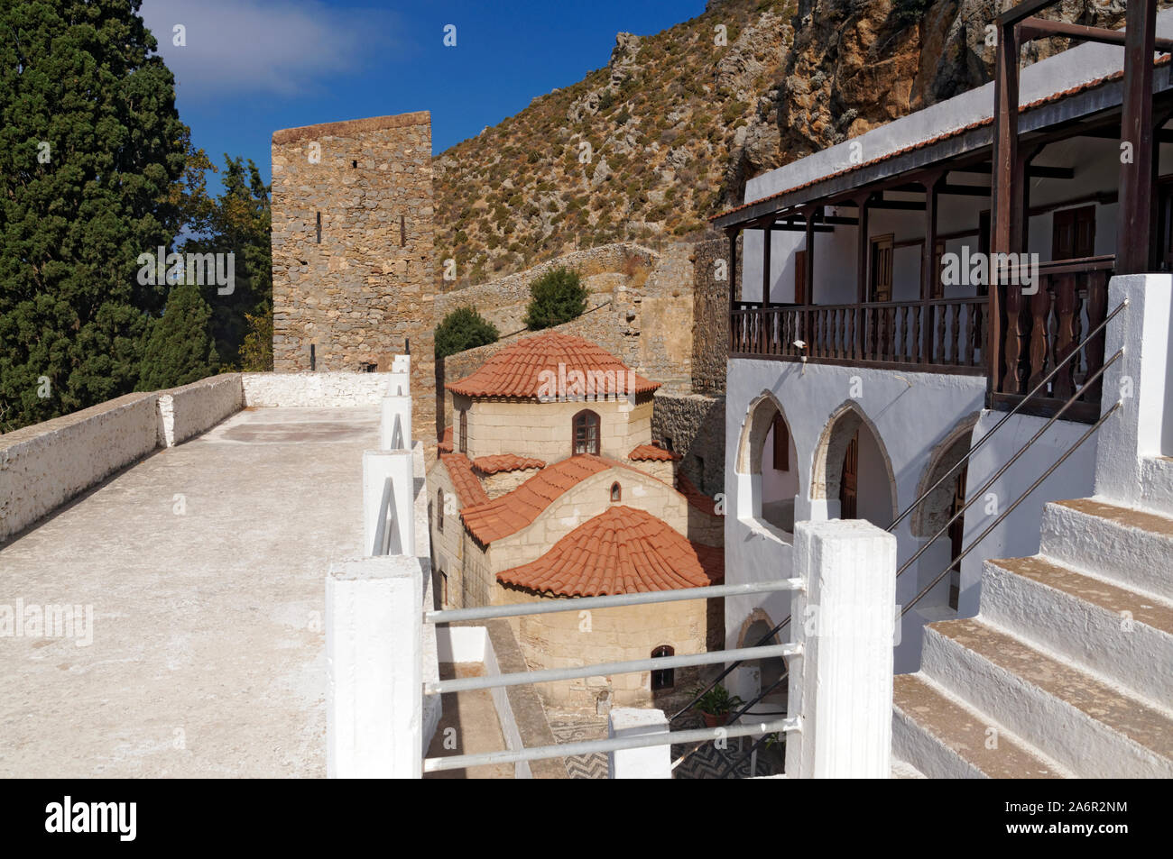 Kloster Agios Panteleimonas, Tilos, Dodecanese Inseln, südliche Ägäis, Griechenland. Stockfoto